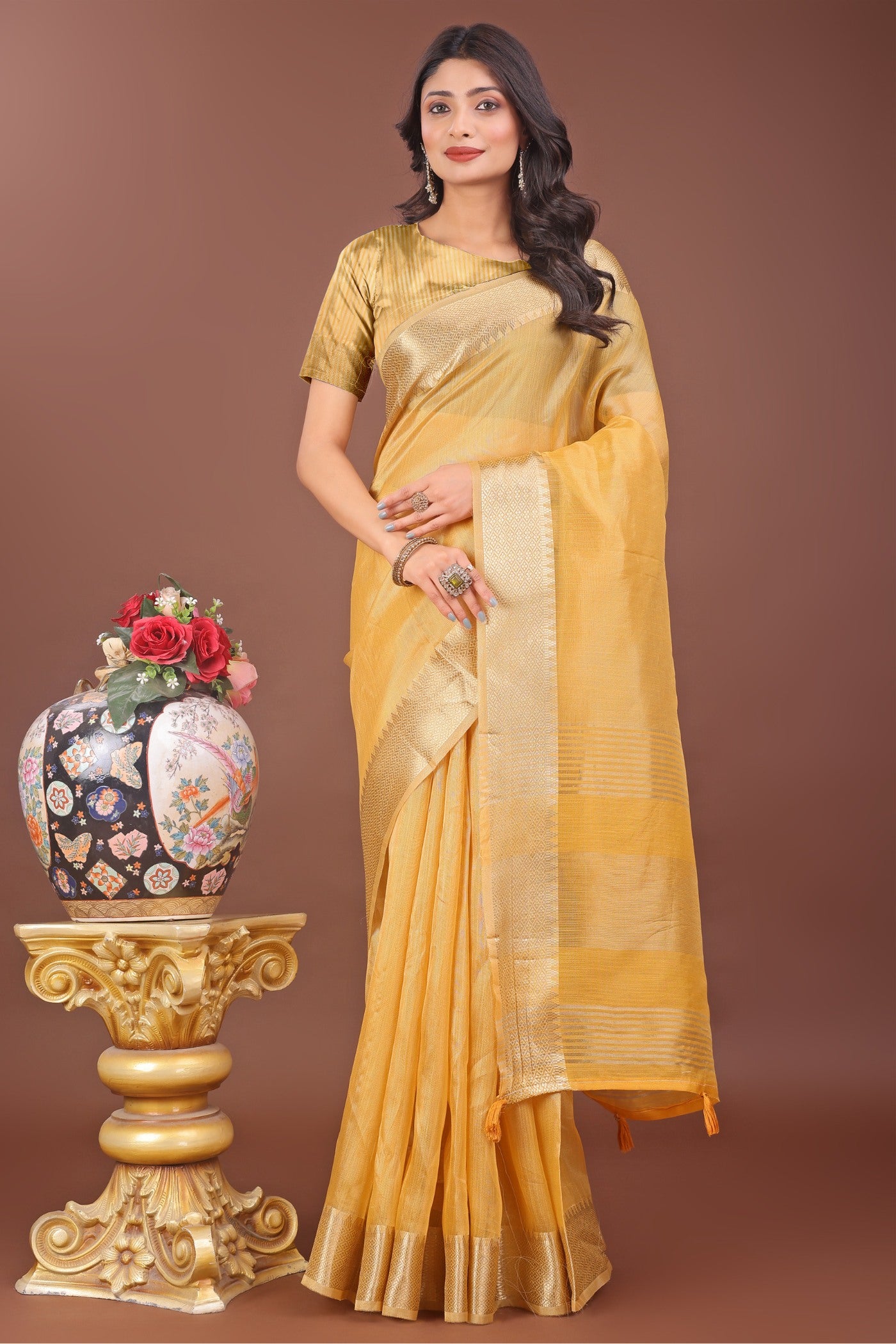 Buy MySilkLove Gold Yellow Woven Organza Saree Online