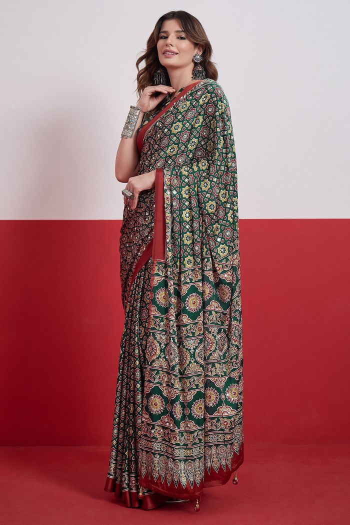 Buy MySilkLove Bottle Green Modal Ajrakh Satin Printed Mirror Work Saree Online