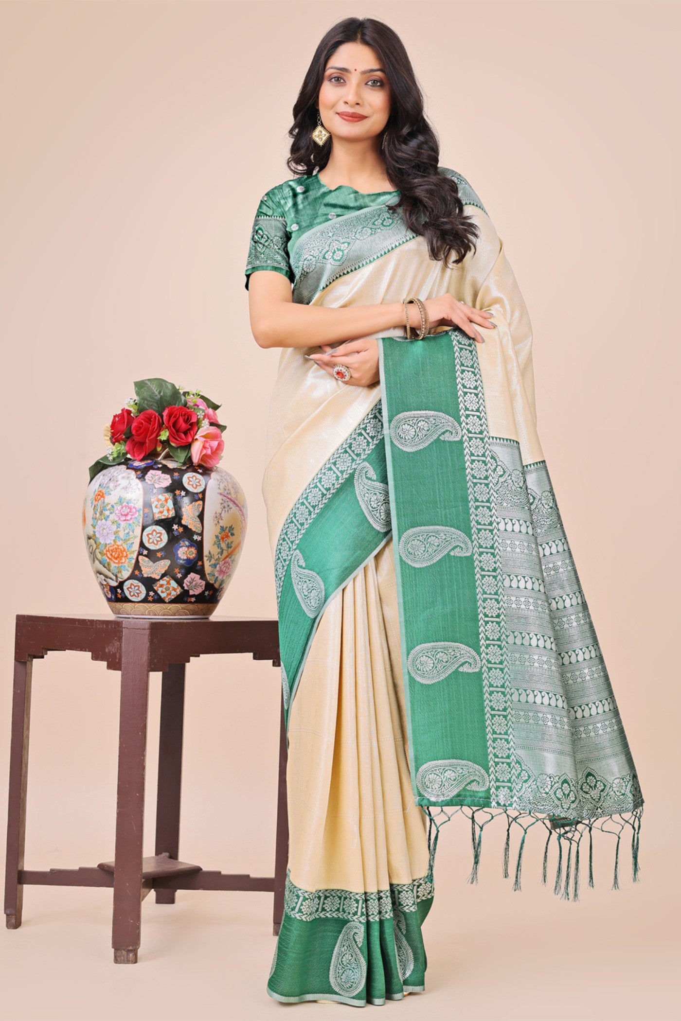 Buy MySilkLove New Cream Woven Banarasi Saree Online