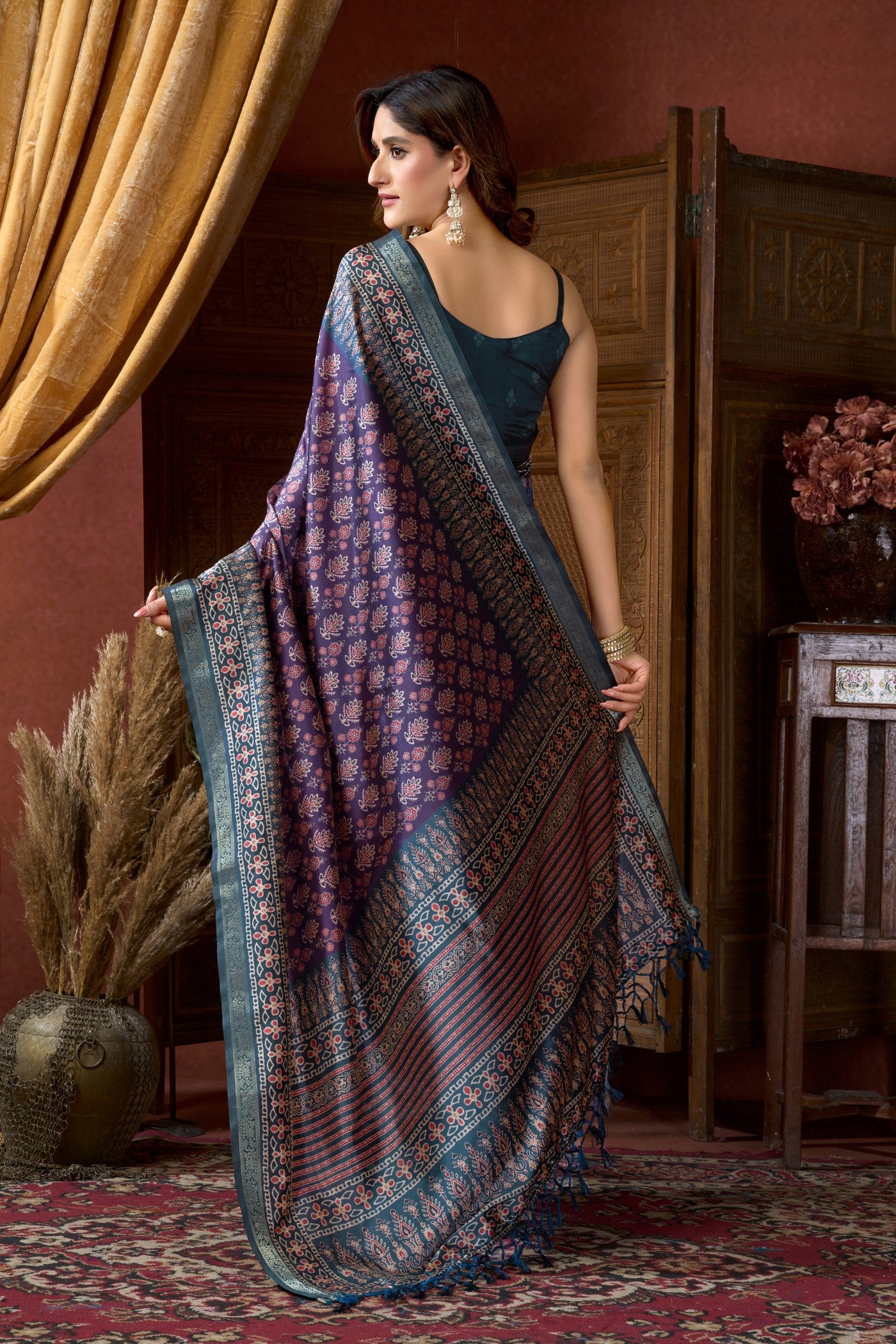 Buy MySilkLove Liseran Purple Ajrakh Printed Saree Online