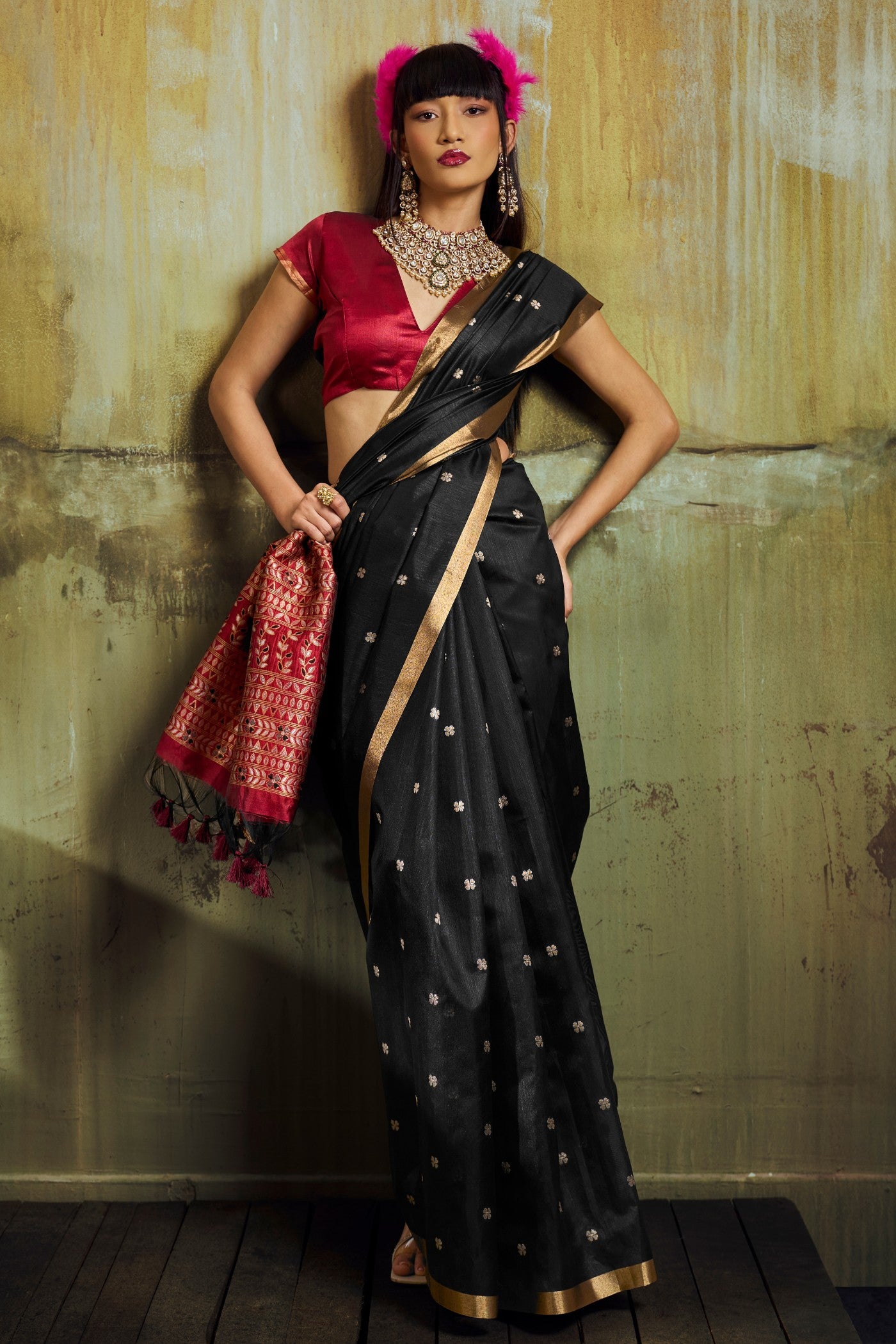 Buy MySilkLove Matte Black Tussar Handloom Silk Saree Online