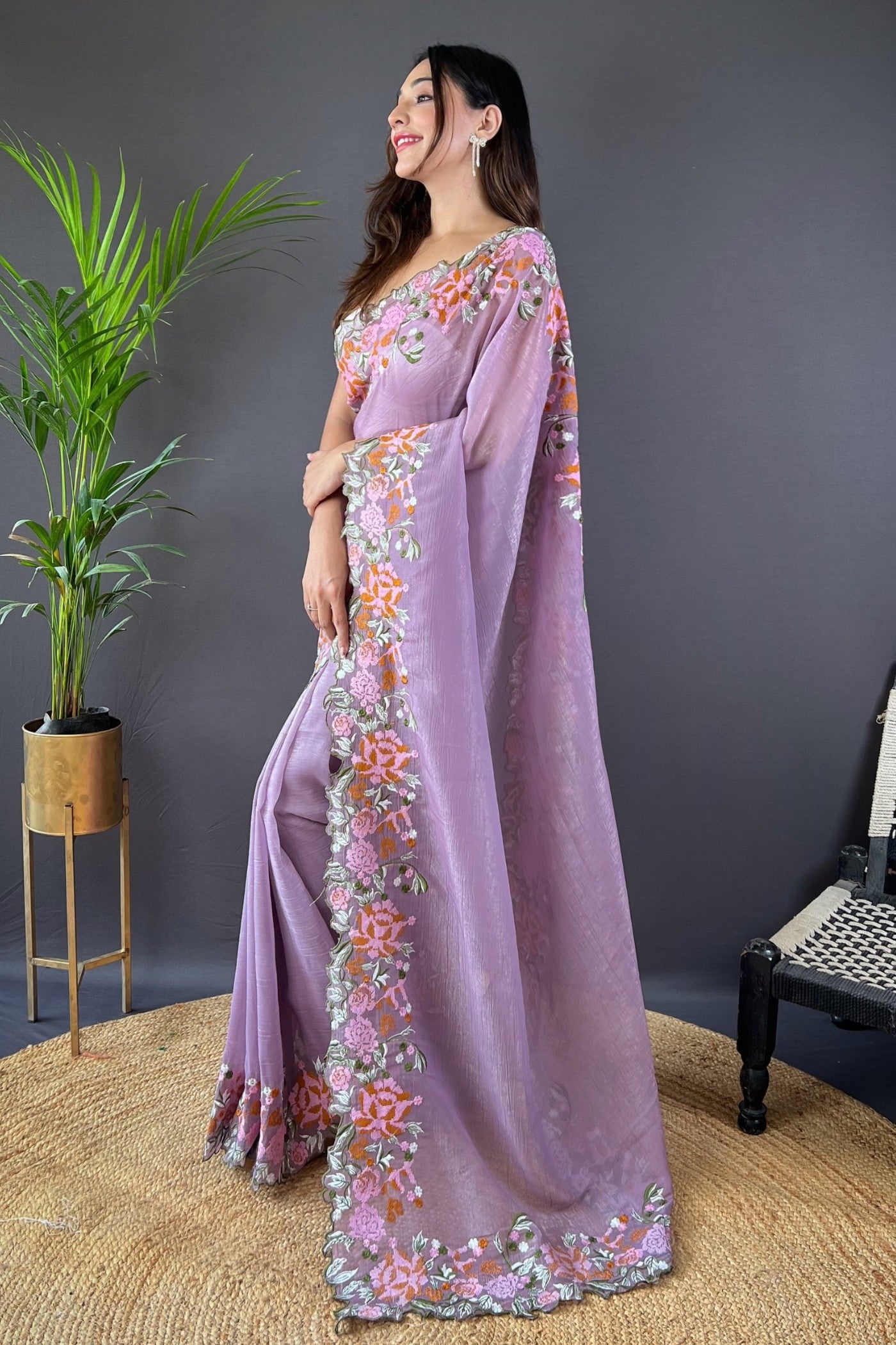 Buy MySilkLove Wisteria Purple Embroidered Party Wear Saree Online