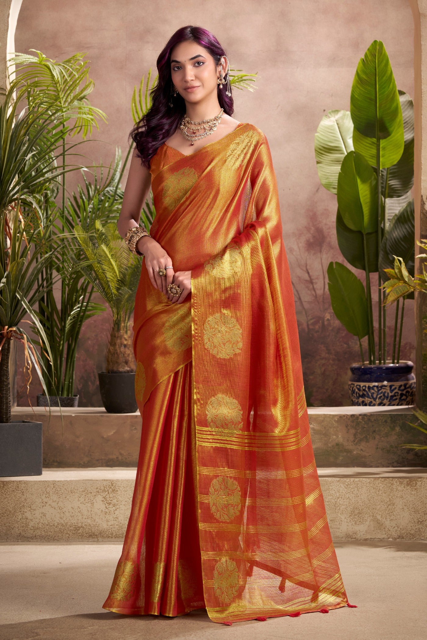 Buy MySilkLove Cider Orange Woven Tissue Saree Online