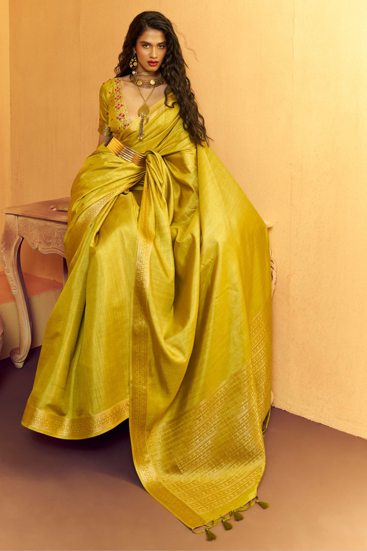 Buy MySilkLove Key Lime Green Tussar Handloom Silk Saree Online