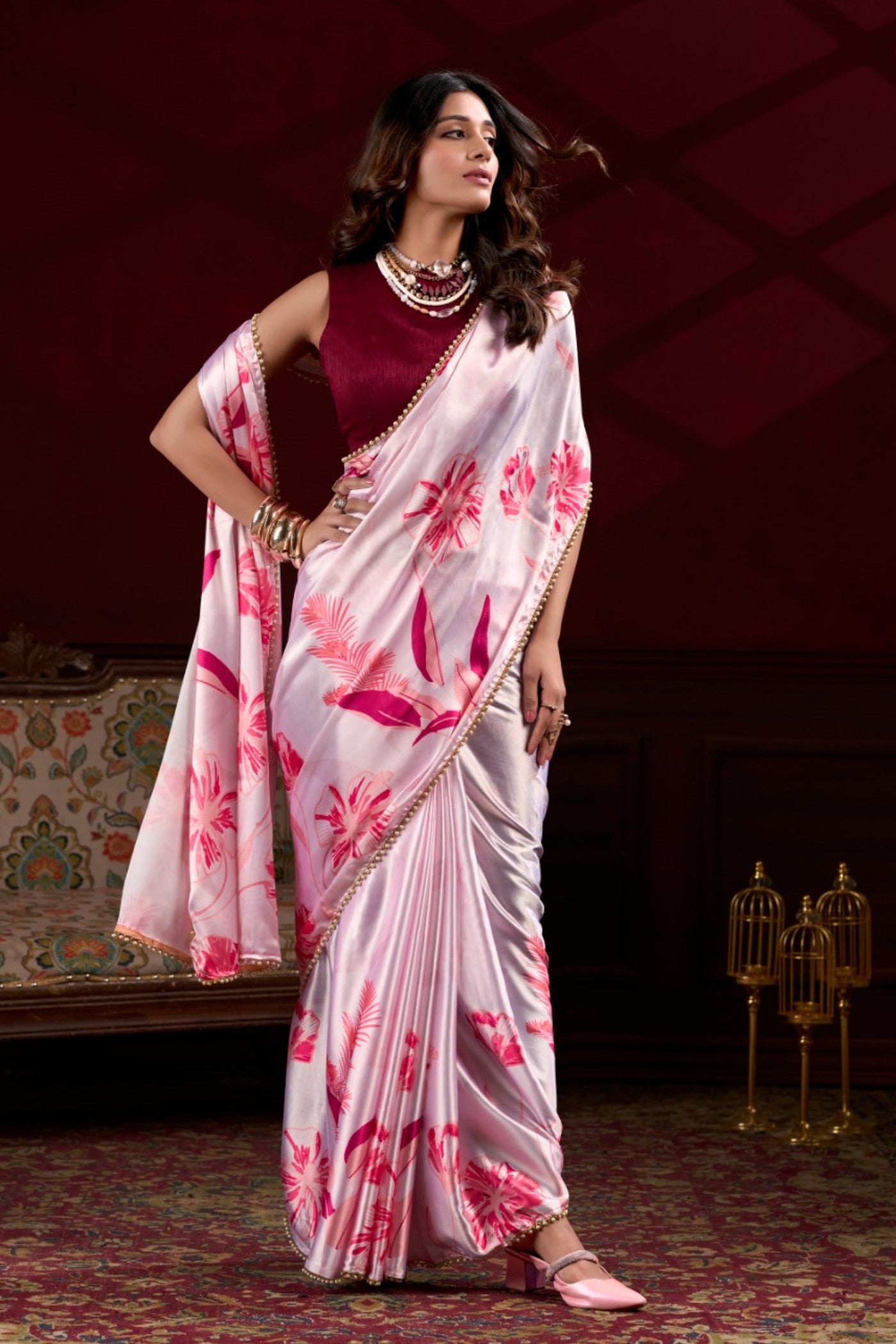 Buy MySilkLove Fluorescent Pink Floral Printed Satin Silk Saree Online