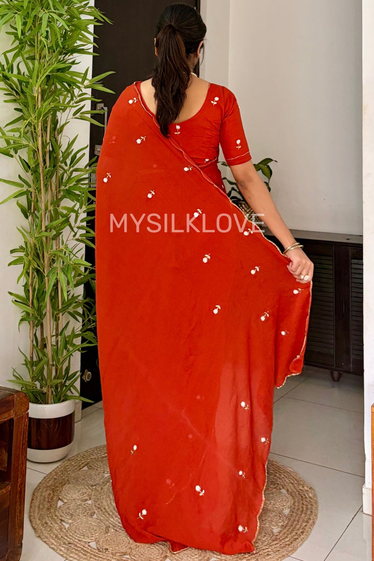 Buy MySilkLove Burnt Orange Georgette Floral Sequins Bid Work Saree Online