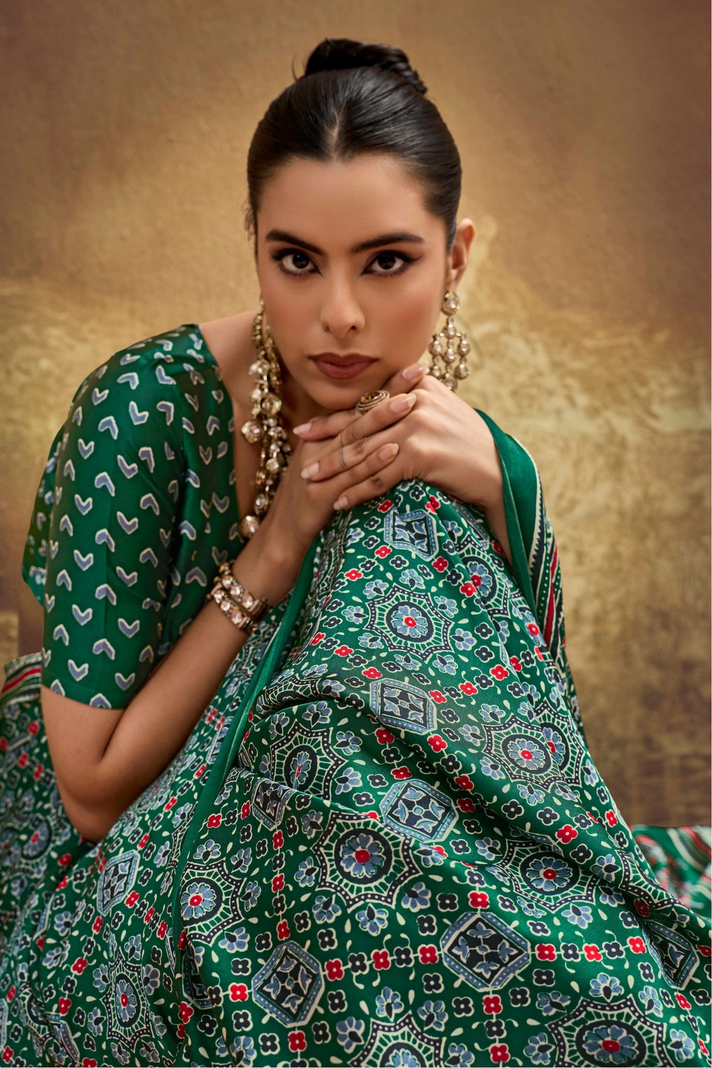 Buy MySilkLove Grass Green Modal Ajrakh Satin Printed Silk Saree Online