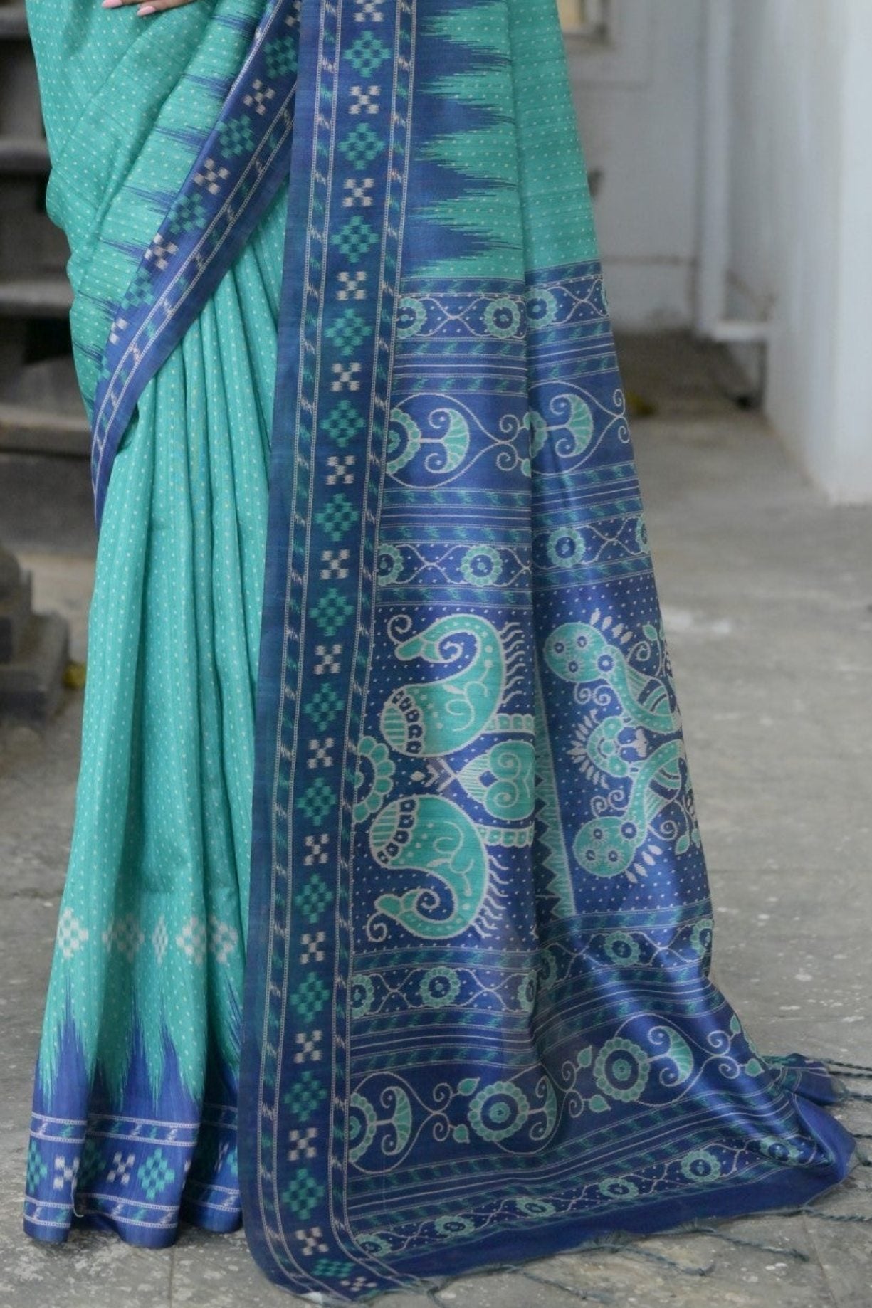 Buy MySilkLove Fountain Green and Blue Printed Tussar Silk Saree Online