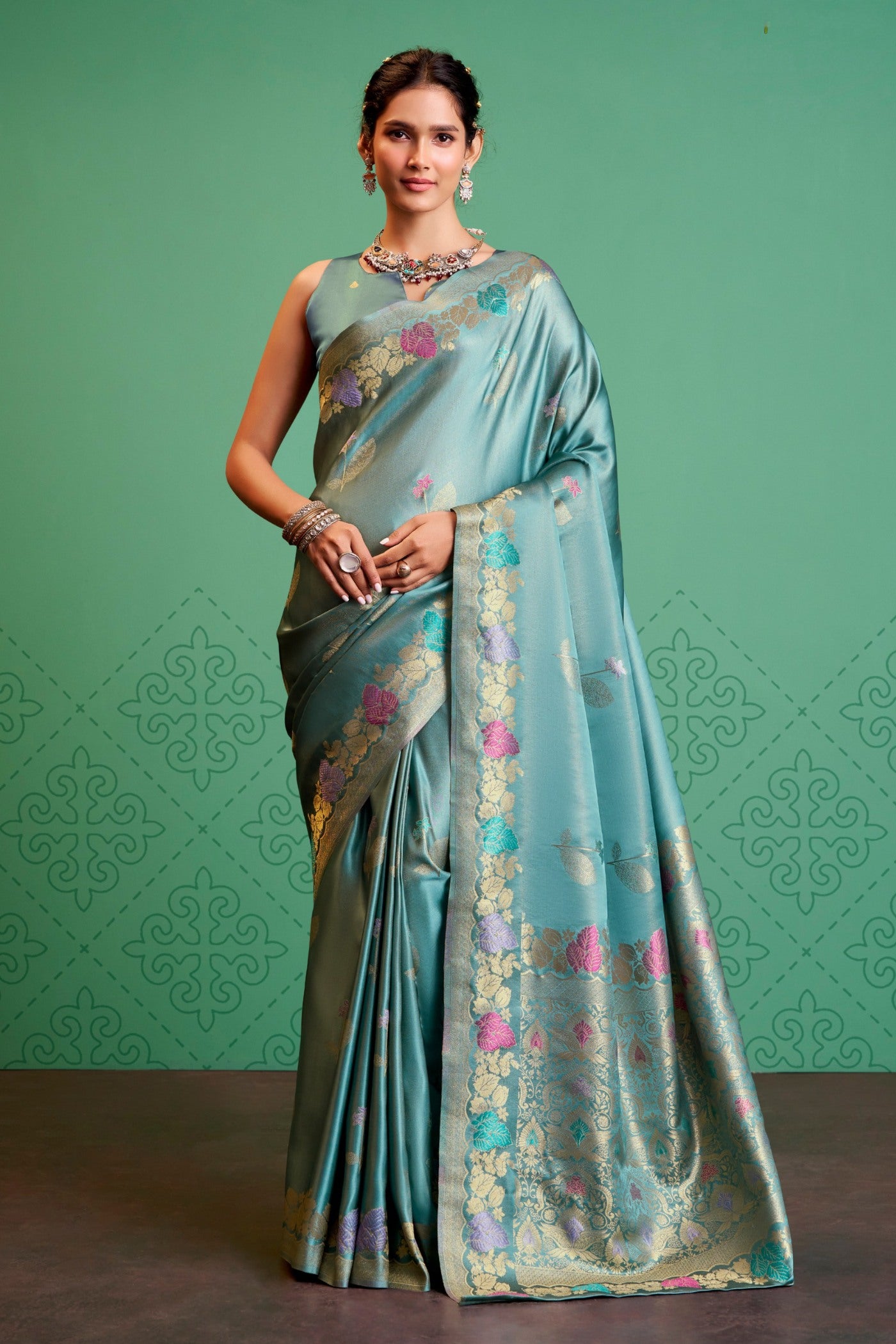 Buy MySilkLove Surfie Blue Handloom Satin Silk Saree Online