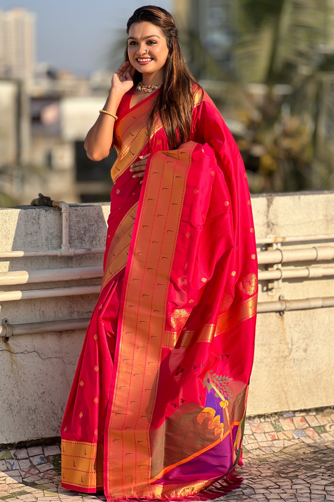 Buy MySilkLove Poppy Pink Woven Paithani Saree Online