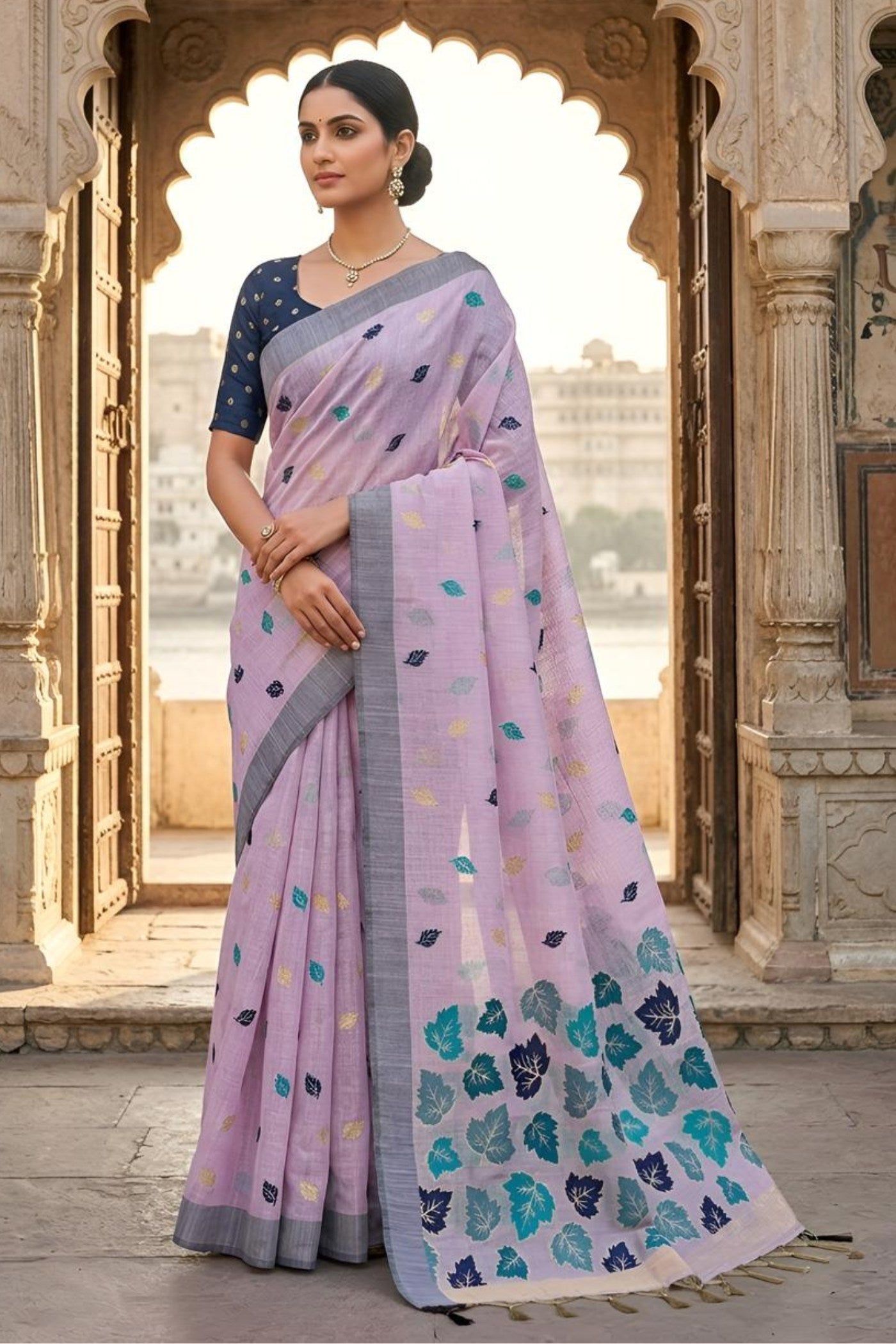 Buy MySilkLove Lilac Bloom Purple Woven Linen Saree Online