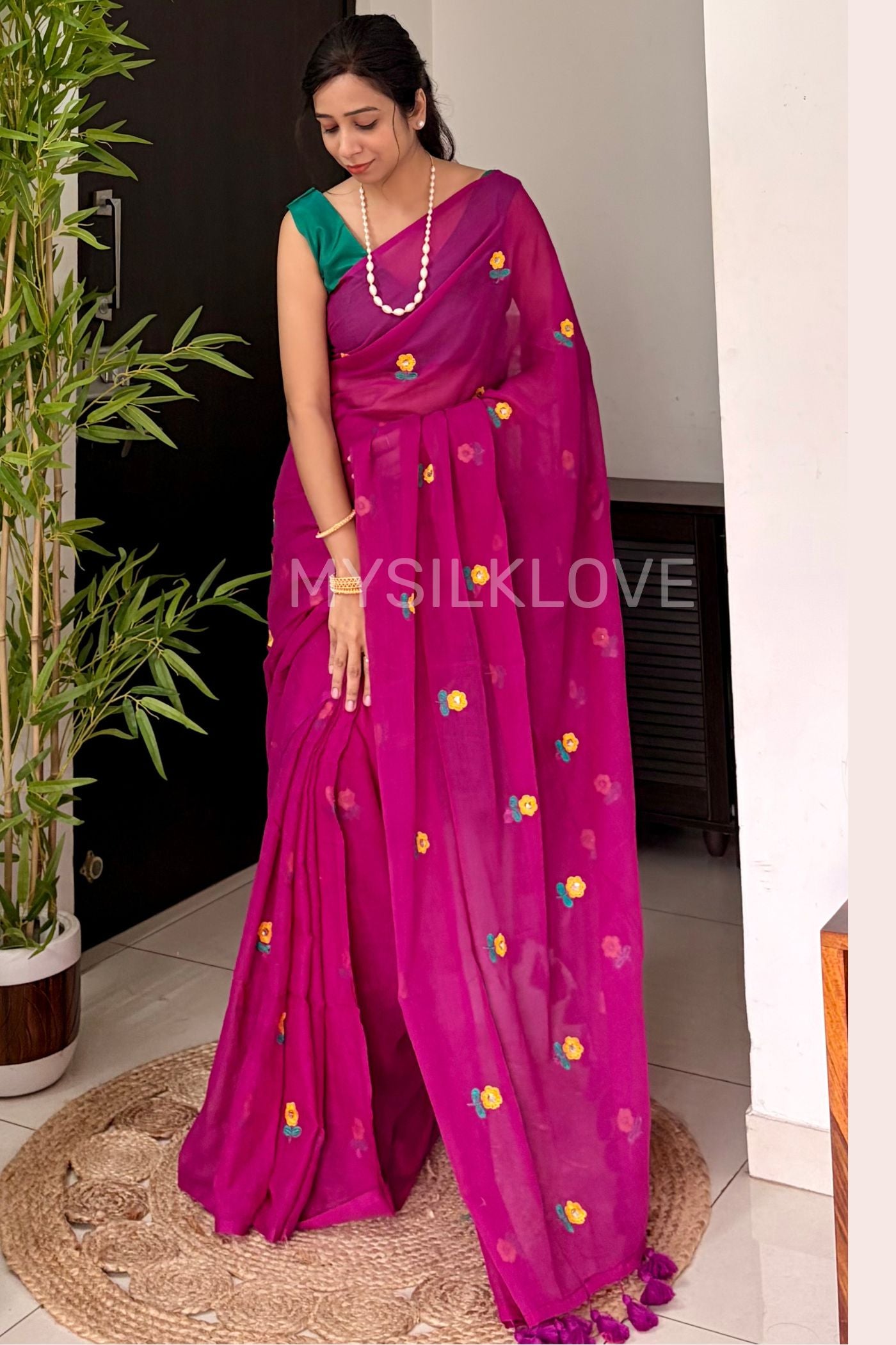 Buy MySilkLove Flamingo Pink Mul Mul Cotton Floral and Sequin Work Woven Saree Online