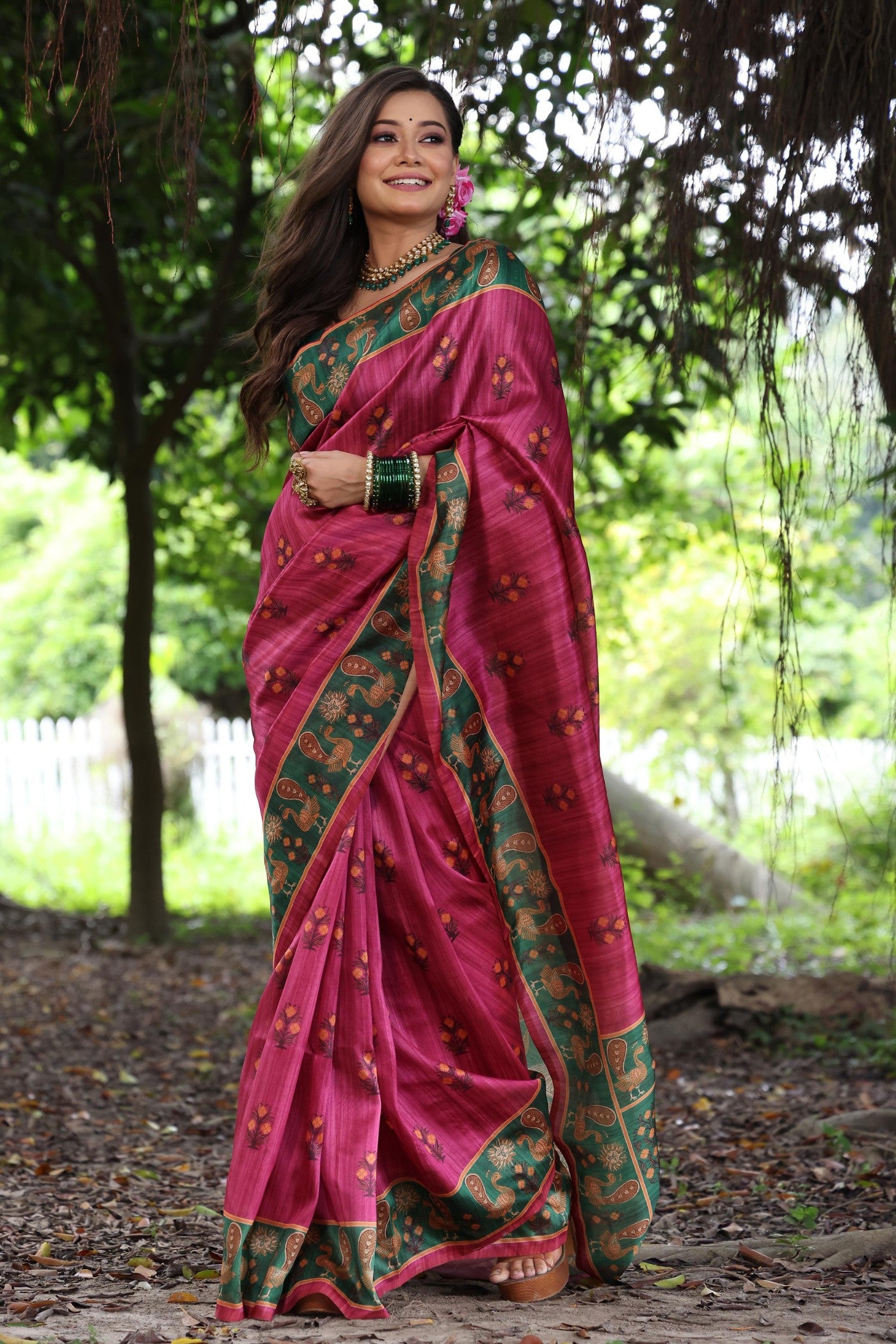 Buy MySilkLove Flamingo Pink Madhubani Tussar Printed Silk Saree Online