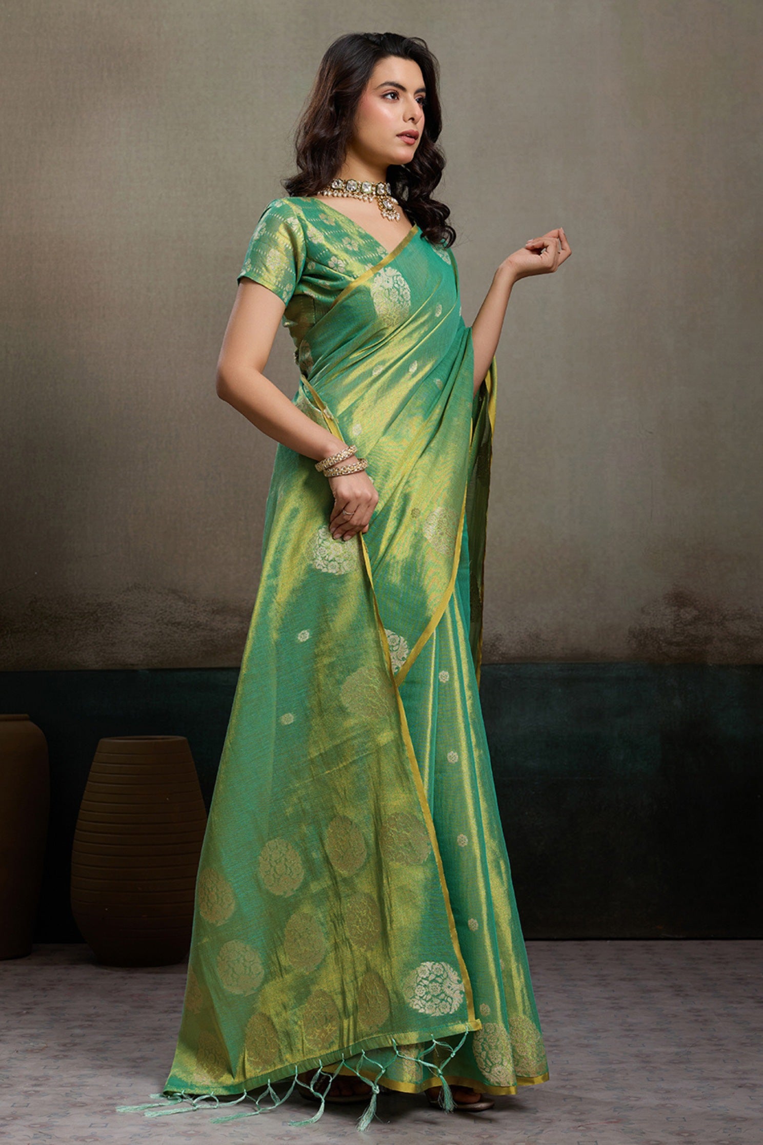 Buy MySilkLove Mint Green Woven Tissue Saree Online
