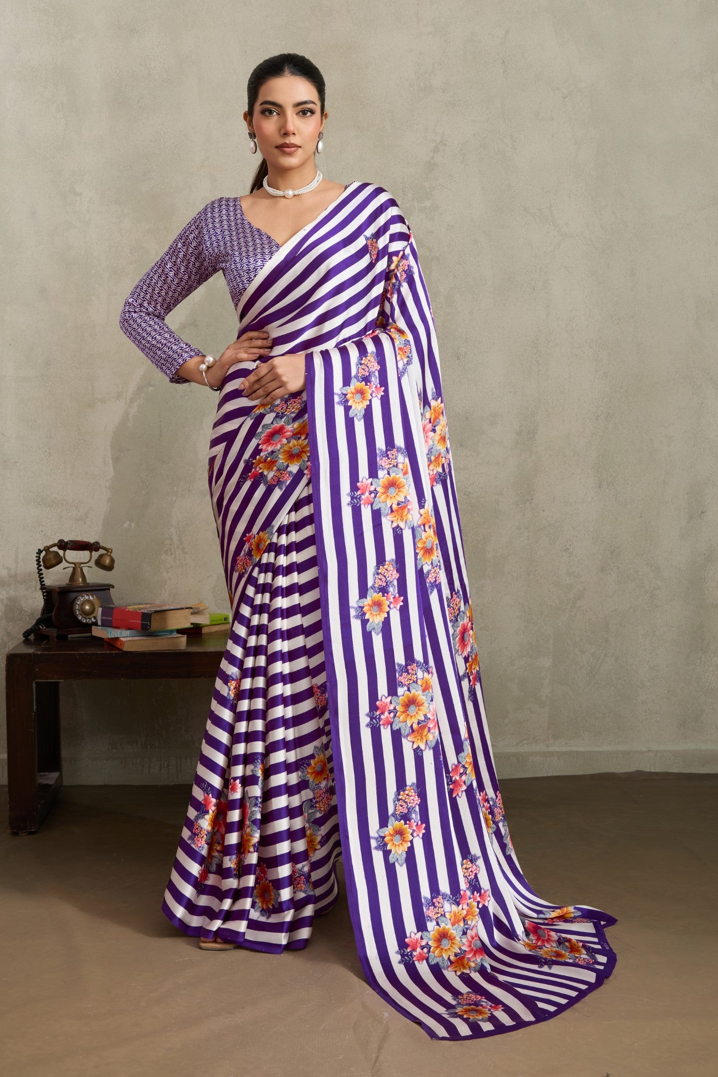 Buy MySilkLove Tacao Purple Ajrakh Printed Satin Crepe Silk Saree Online