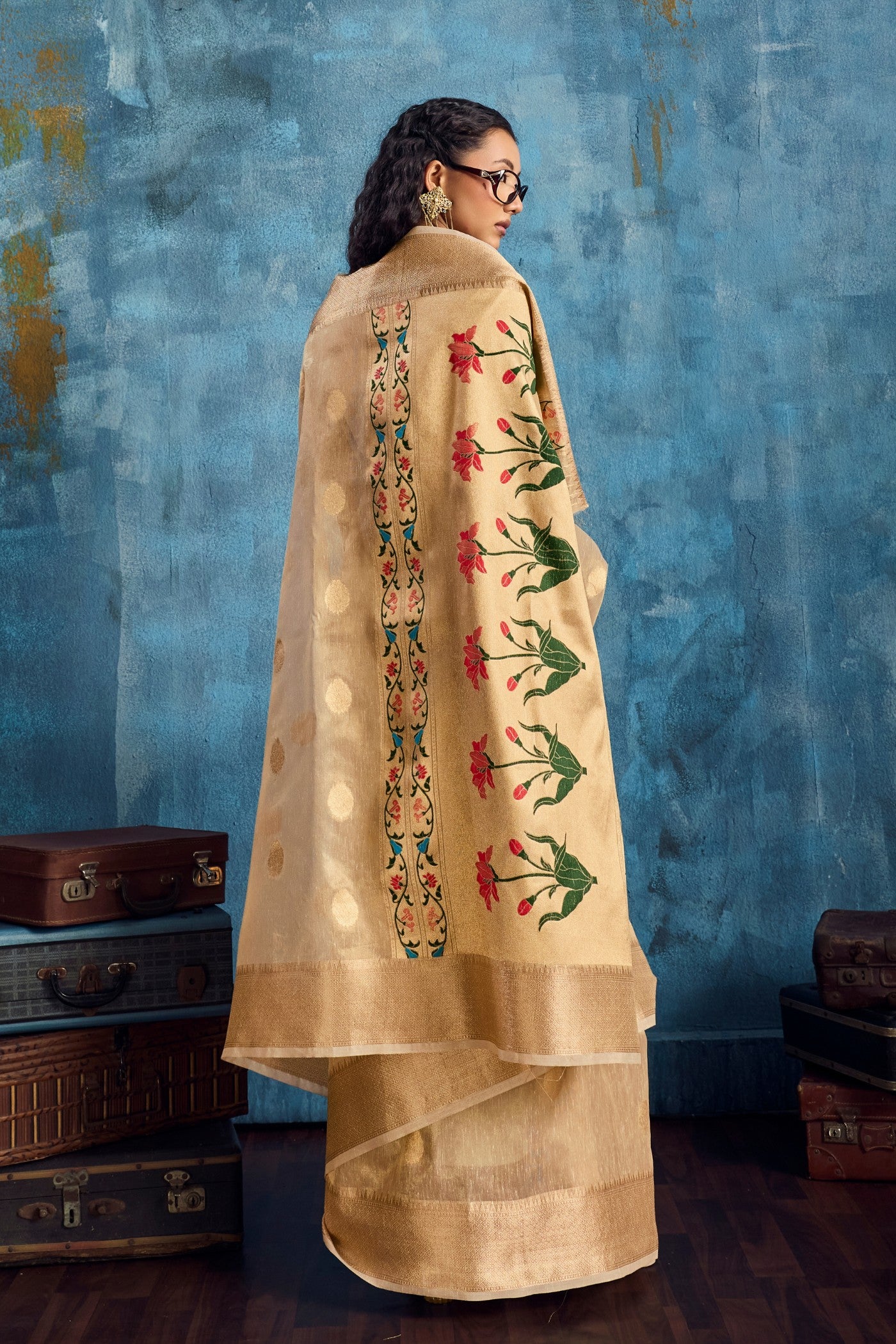 Buy MySilkLove Pastel Cream Zari Woven Tissue Paithani Saree Online