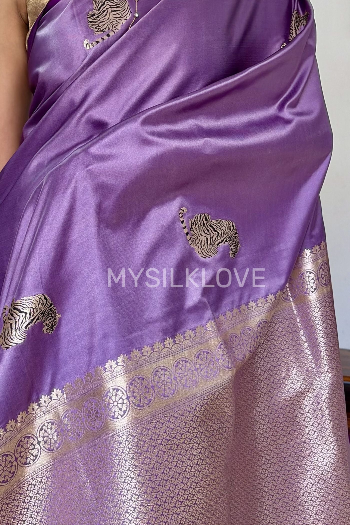 Buy MySilkLove Wisteria Purple Tiger Print Satin Woven Saree Online