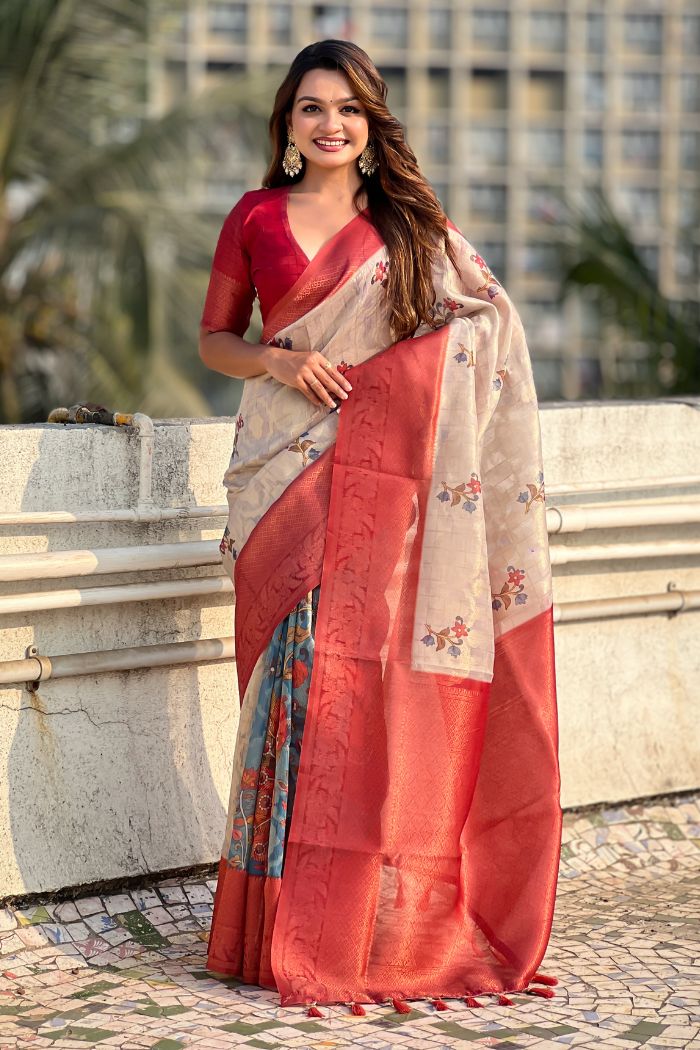 Buy MySilkLove Fawn Cream and Red Woven Cotton Saree Online