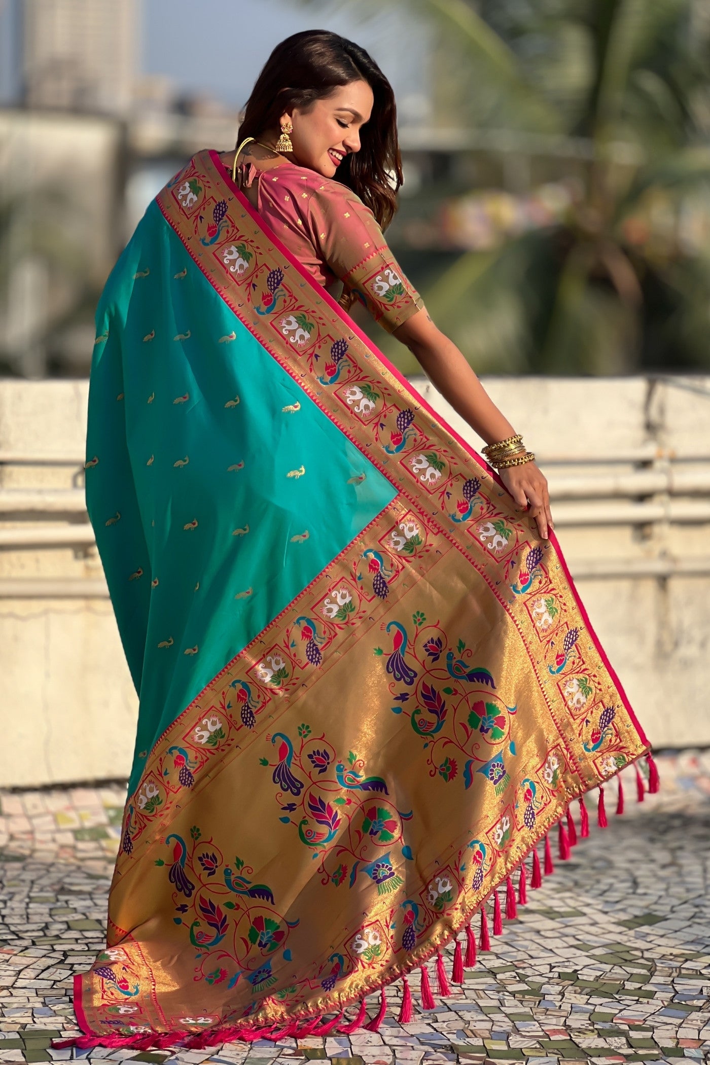 Buy MySilkLove Ocean Blue Zari Woven Paithani Saree Online