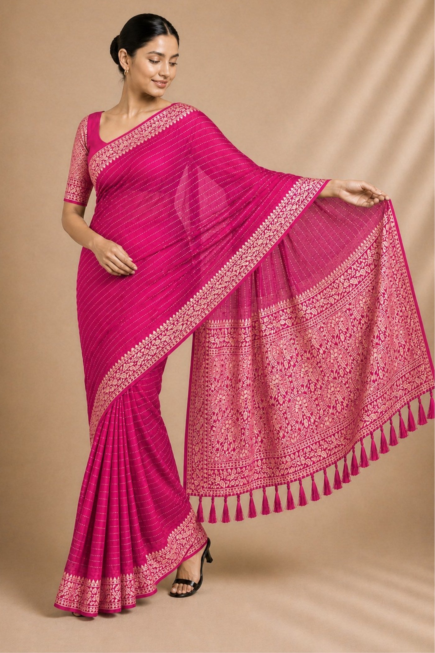 Buy MySilkLove Flamingo Pink Woven Chiffon Saree Online
