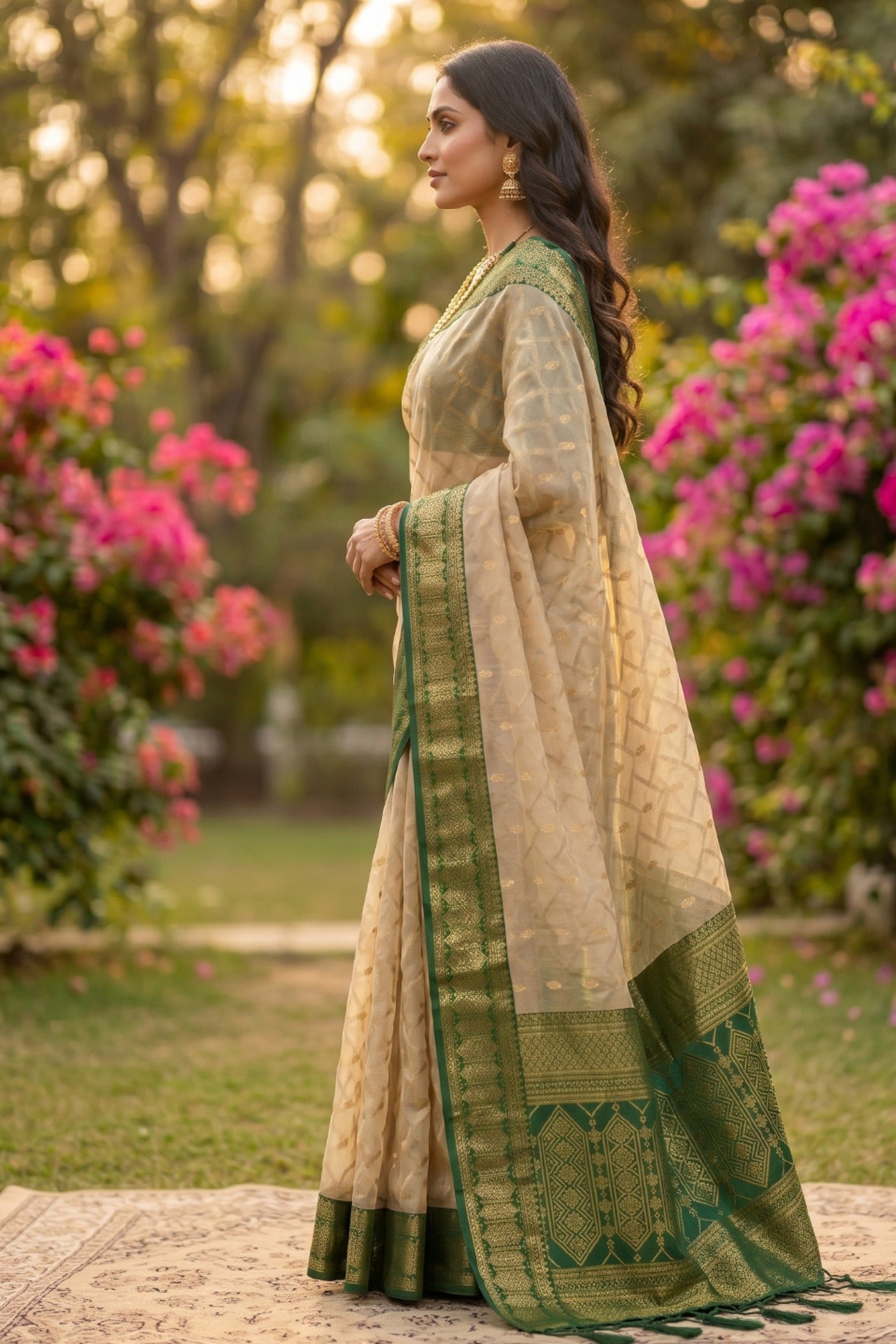 Buy MySilkLove Coconut Cream and Green Woven Banarasi Cotton Saree Online