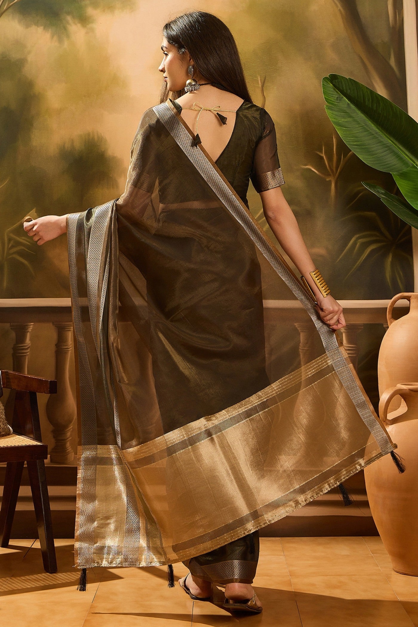 Buy MySilkLove Pecan Brown Woven Organza Saree Online