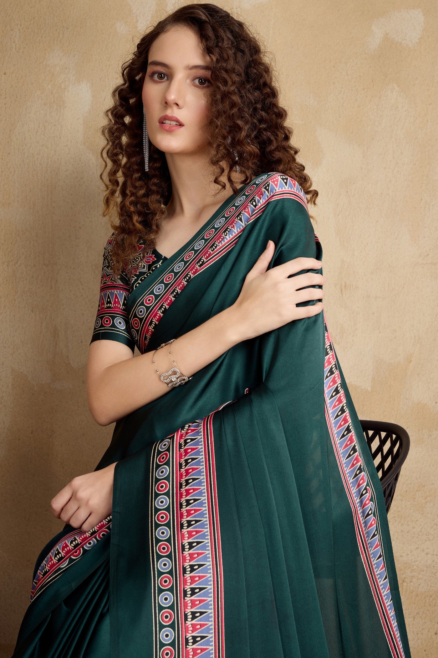 Buy MySilkLove Kaitoke Green Ajrakh Printed Satin Crepe Silk Saree Online