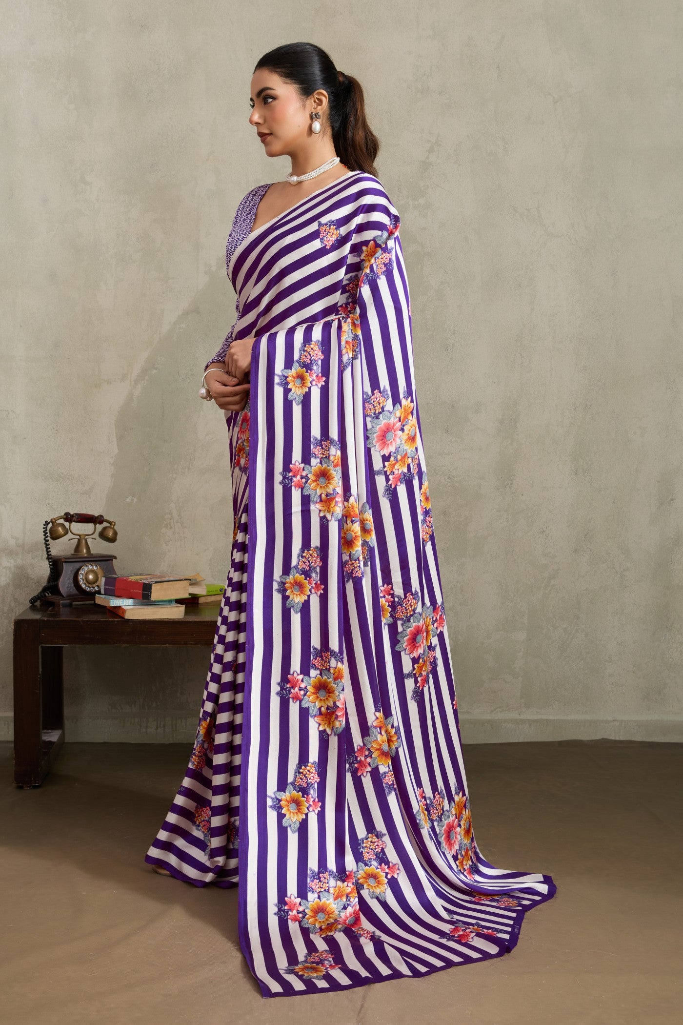 Buy MySilkLove Tacao Purple Ajrakh Printed Satin Crepe Silk Saree Online