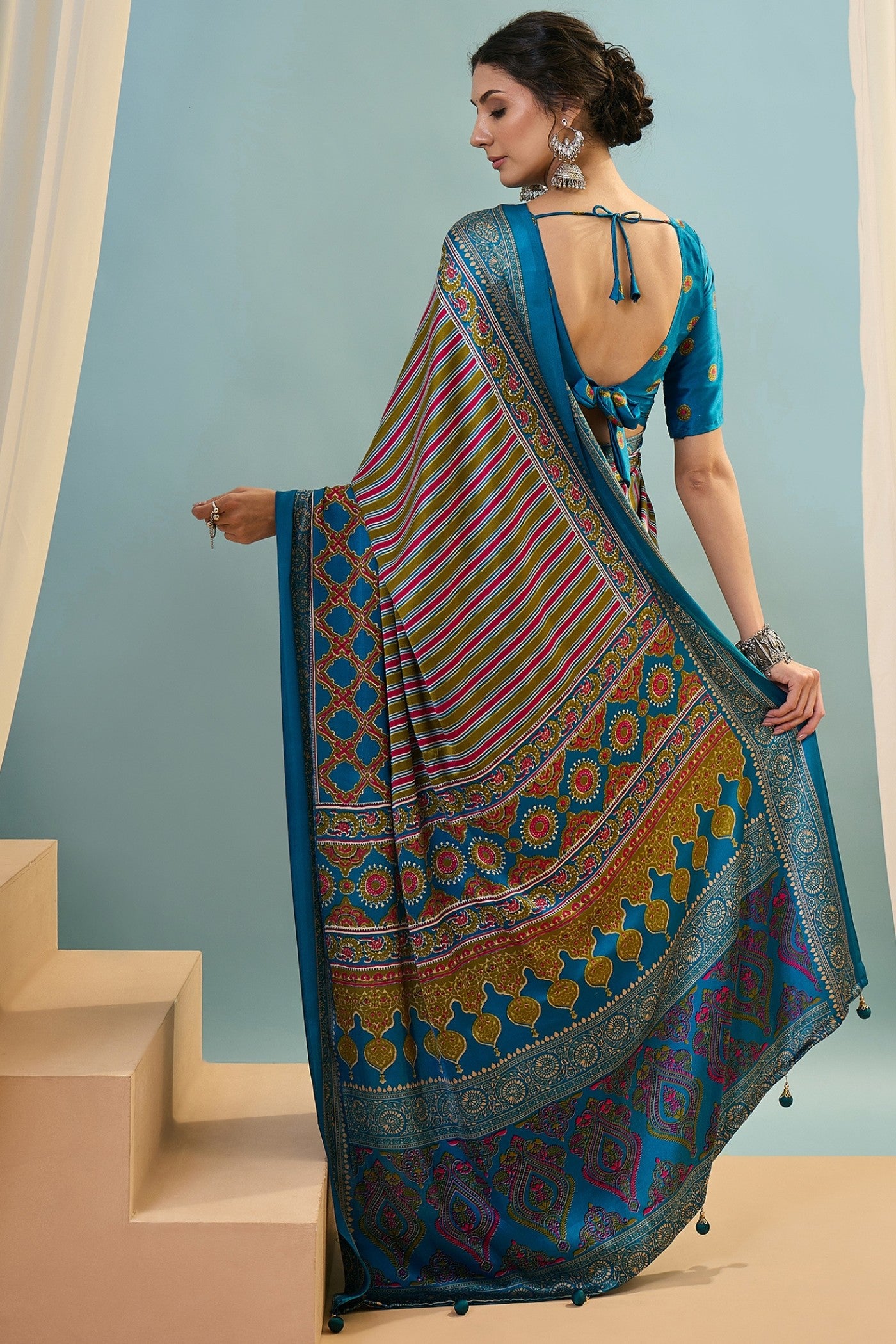 Buy MySilkLove Virella Blue Ajrakh Printed Satin Crepe Silk Saree Online