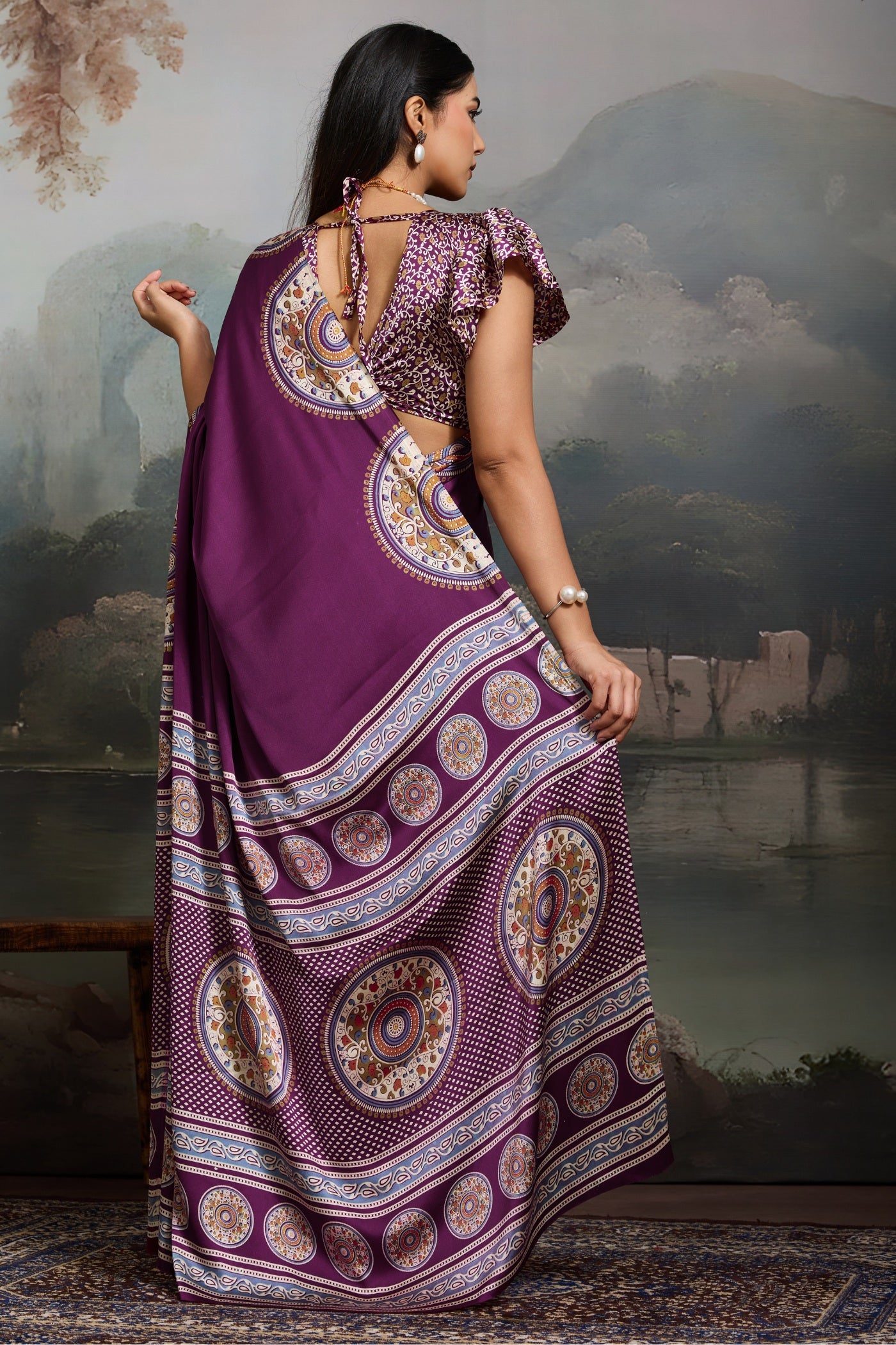 Buy MySilkLove Tacao Purple Modal Ajrakh Printed Silk Saree Online
