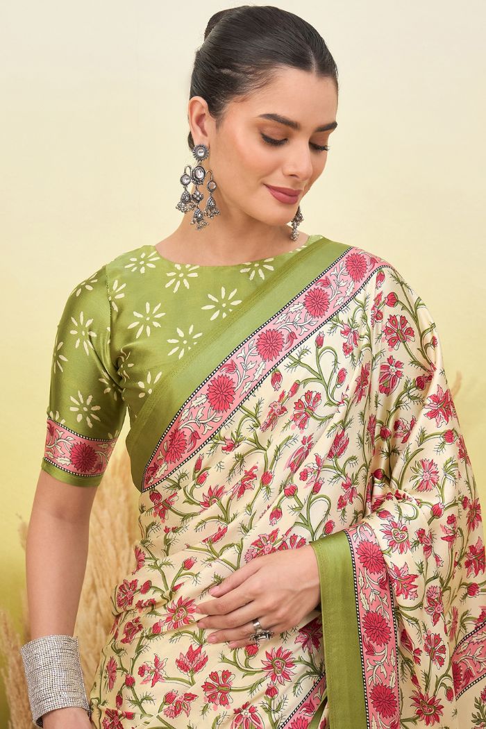 Buy MySilkLove Warm Cream Modal Satin Printed Silk Saree Online