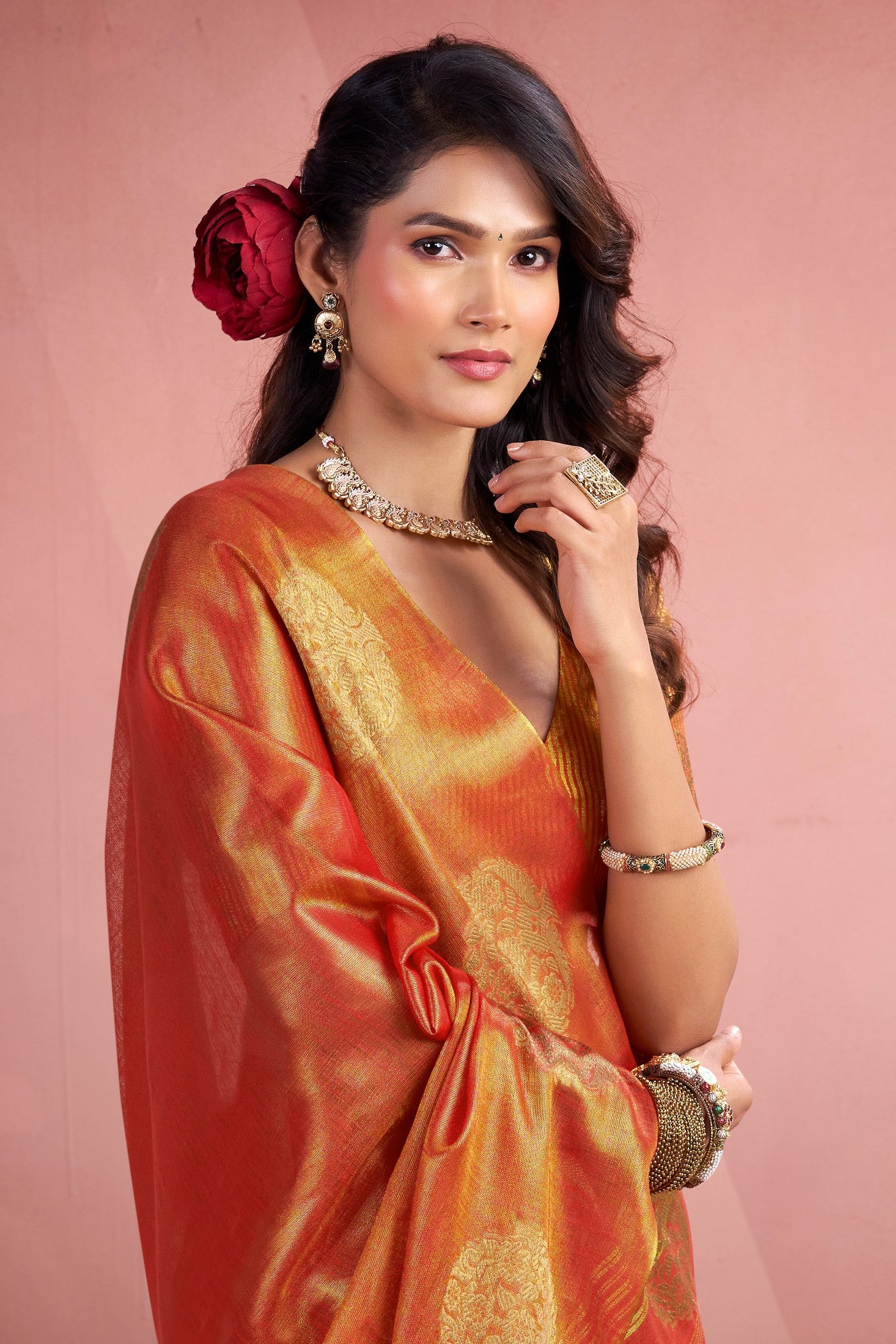Buy MySilkLove Cider Orange Zari Woven Tisssue Saree Online