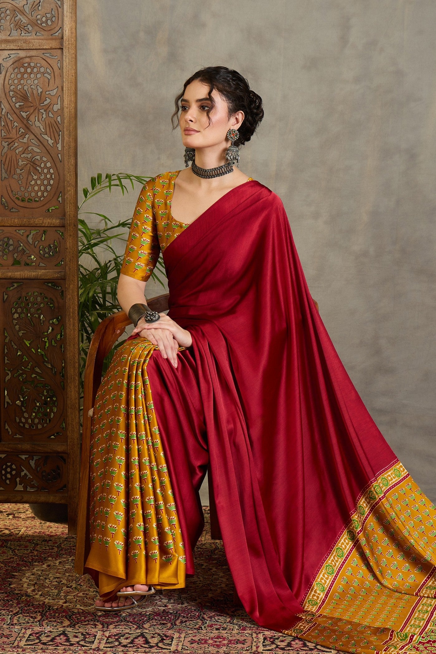 Buy MySilkLove Brick Red and Yellow Ajrakh Printed Satin Crepe Silk Saree Online