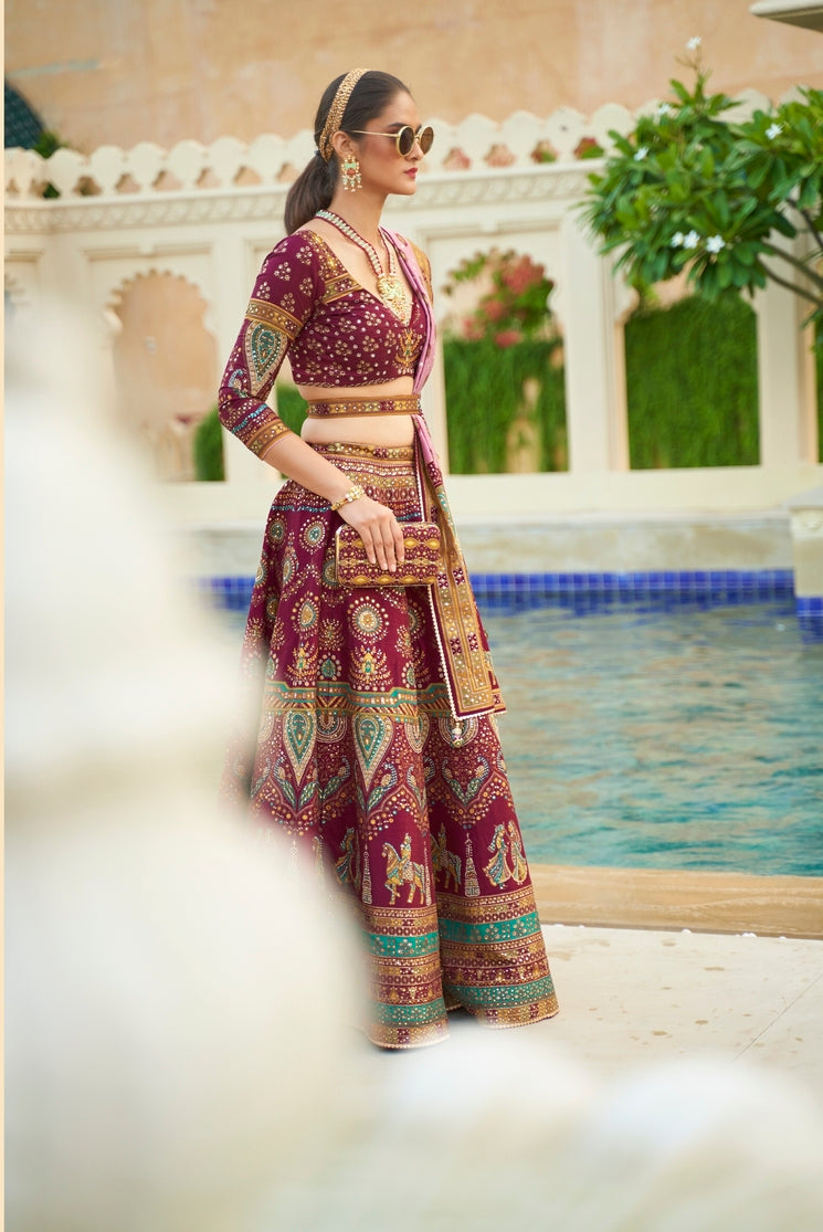 MySilkLove Coral Maroon Woven Lehenga Choli With Heavy Embroidery Work