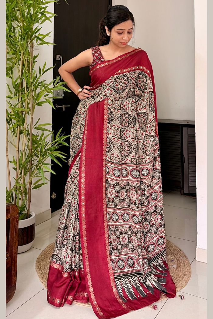 Buy MySilkLove Beige Red and Red Modal Ajrakh Satin Printed Mirror Work Saree Online