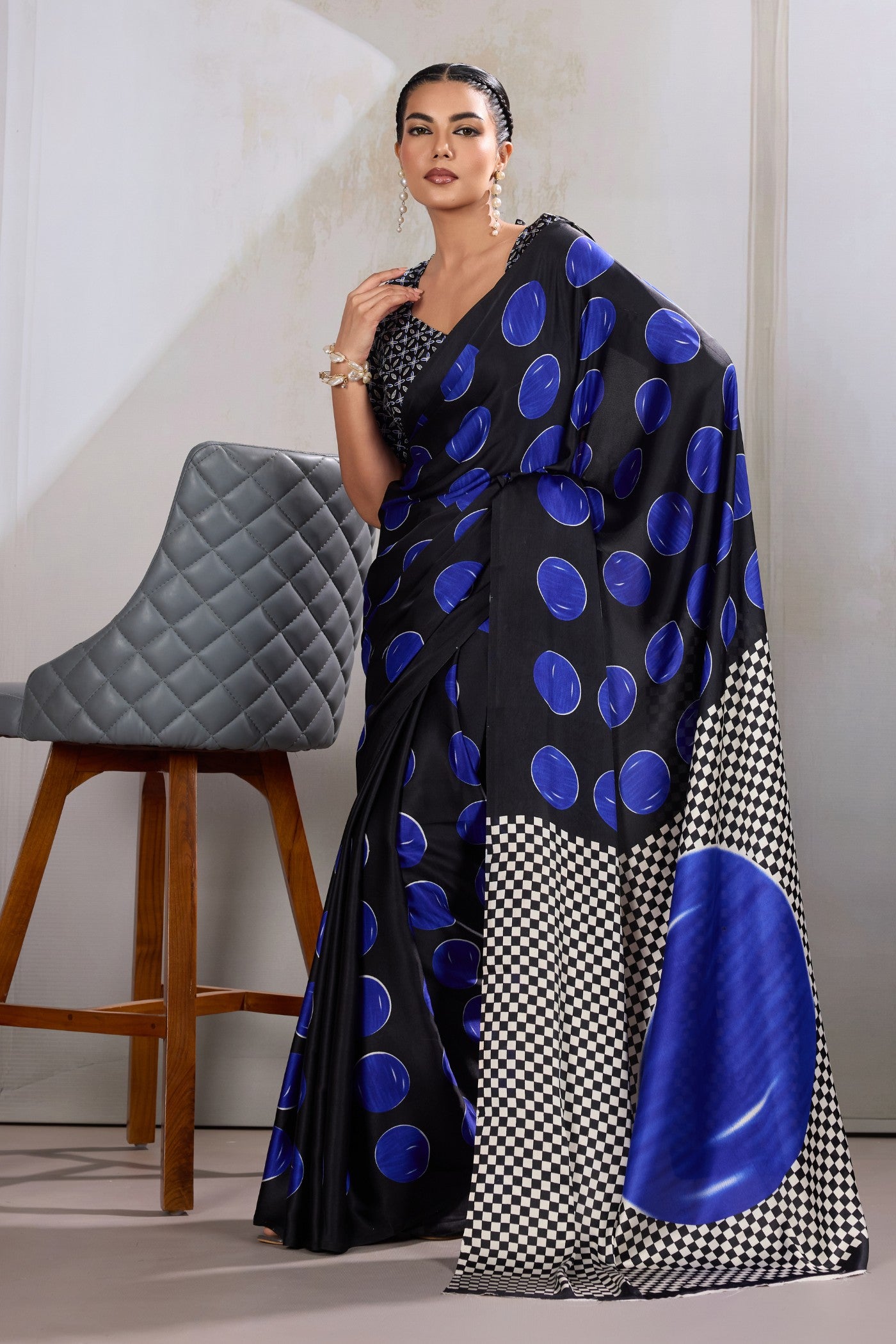 Buy MySilkLove Electric Blue Printed Polka Dots Satin Crepe Saree Online