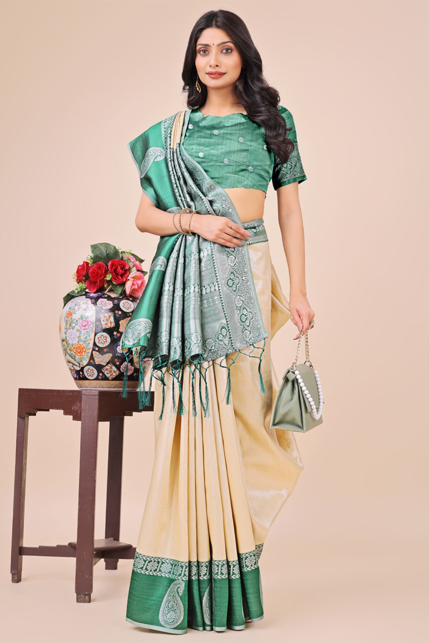 Buy MySilkLove New Cream Woven Banarasi Saree Online