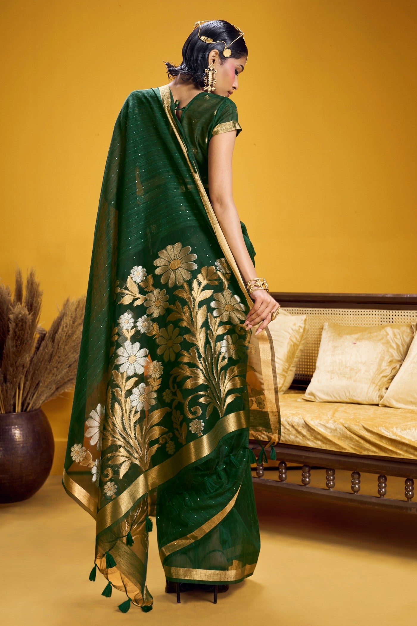 Buy MySilkLove Dark Green Munga Handloom Cotton Saree Online