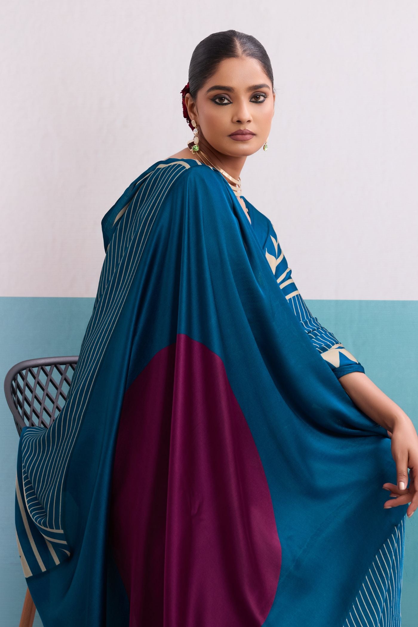 Buy MySilkLove Marine Blue Stripe Ajrakh Printed Satin Crepe Silk Saree Online