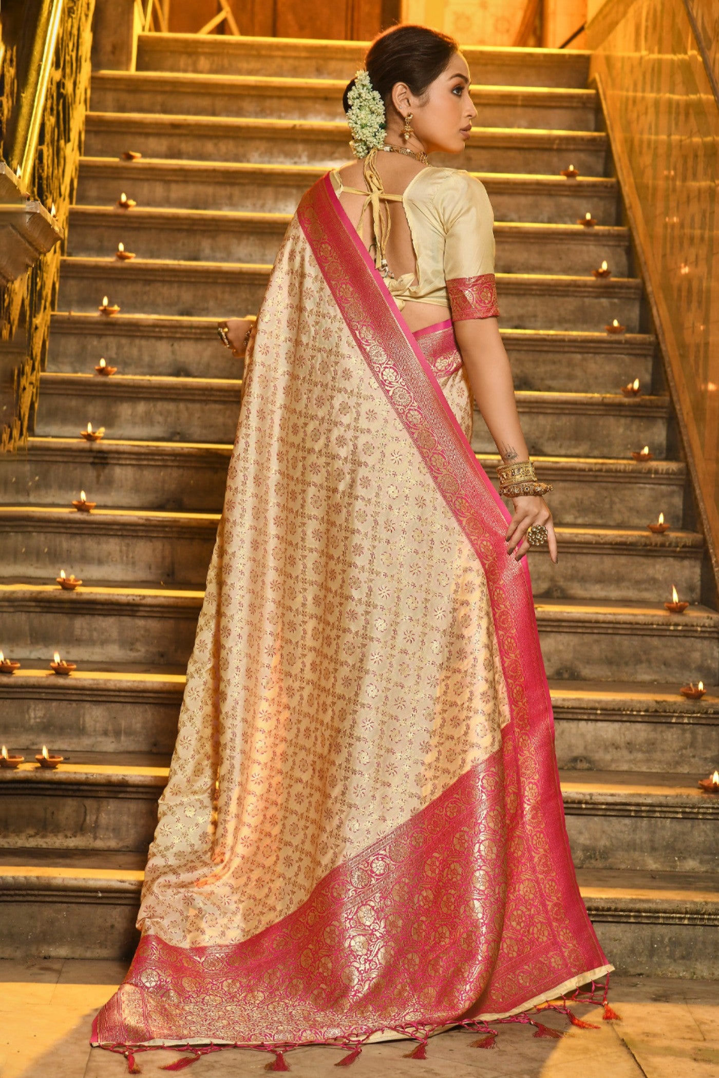 Buy MySilkLove Fawn Cream Woven Banarasi Saree Online