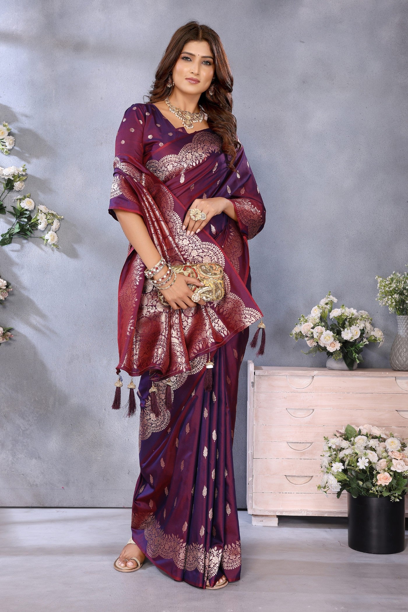 Buy MySilkLove Wine Purple Woven Banarasi Saree Online