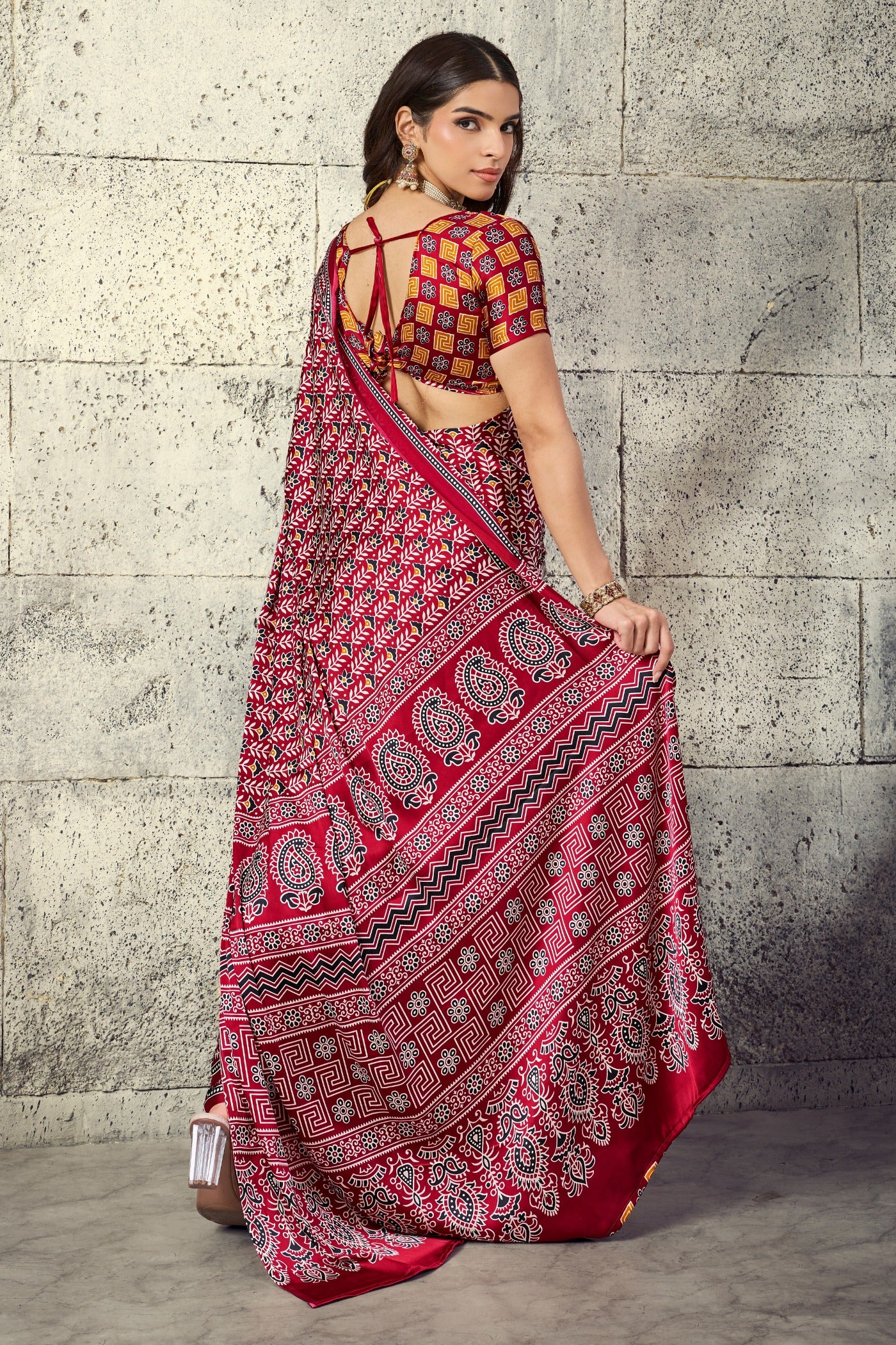 Buy MySilkLove Deep Maroon Modal Ajrakh Satin Printed Silk Saree Online