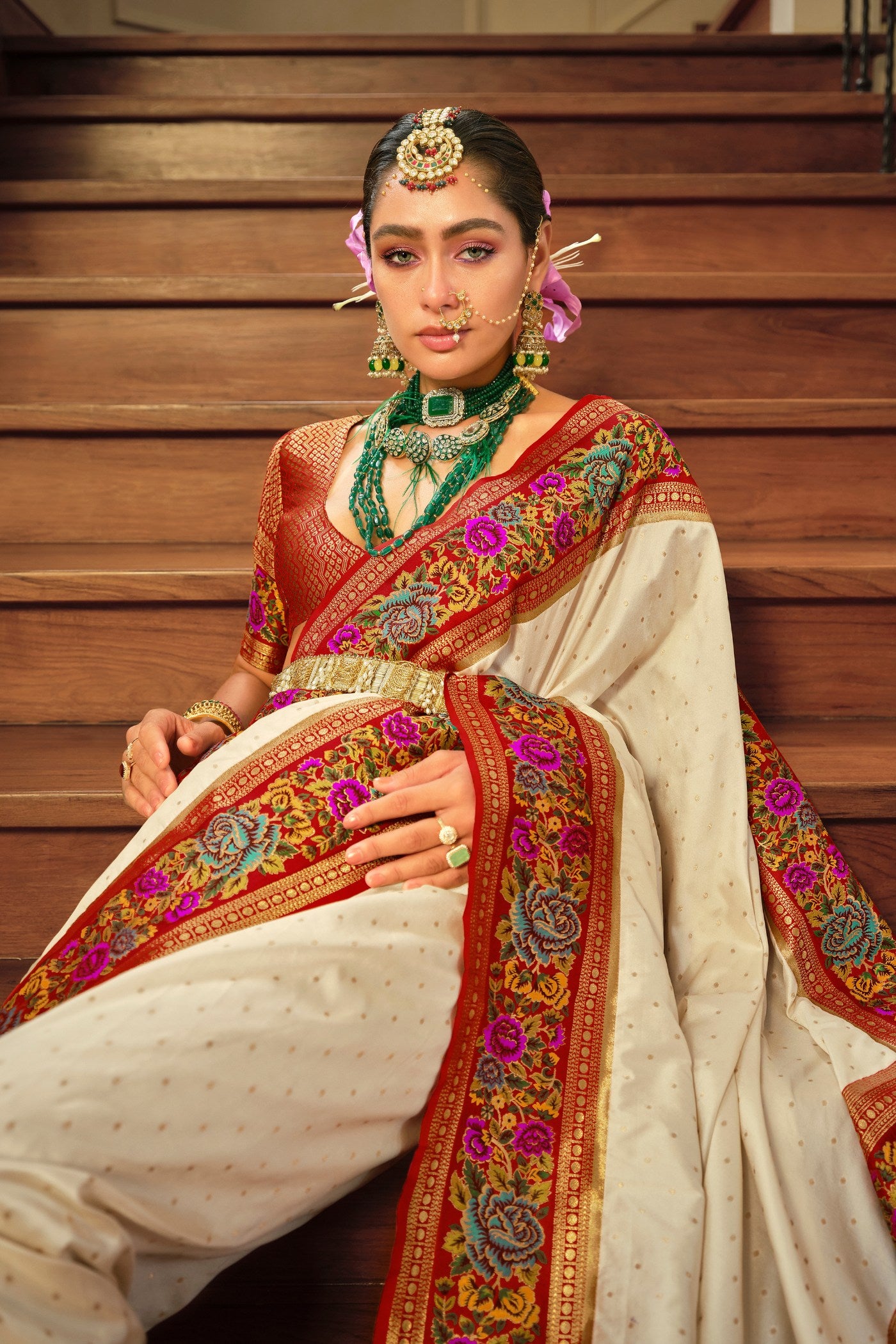Buy MySilkLove Chamois Cream Printed Banarasi Saree Online
