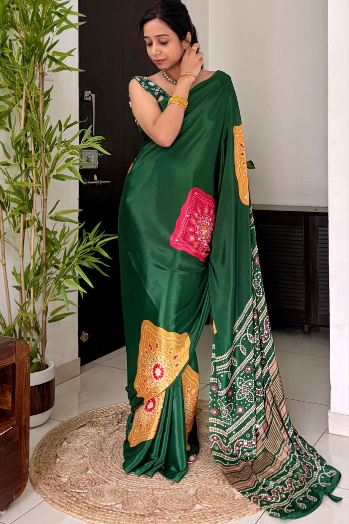 Buy MySilkLove Leaf Green Ajrakh Satin Printed Mirror Work Saree Online