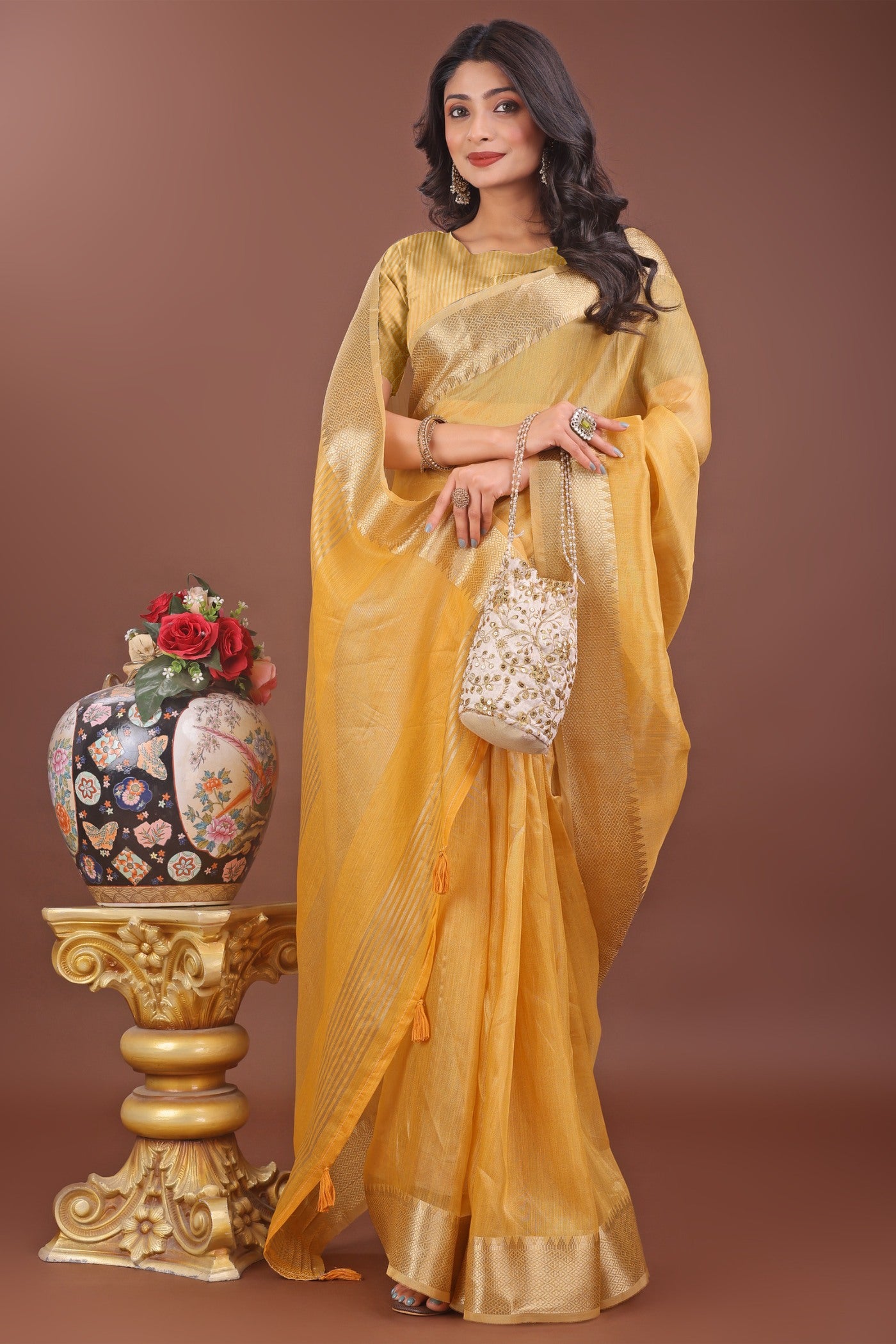 Buy MySilkLove Gold Yellow Woven Organza Saree Online