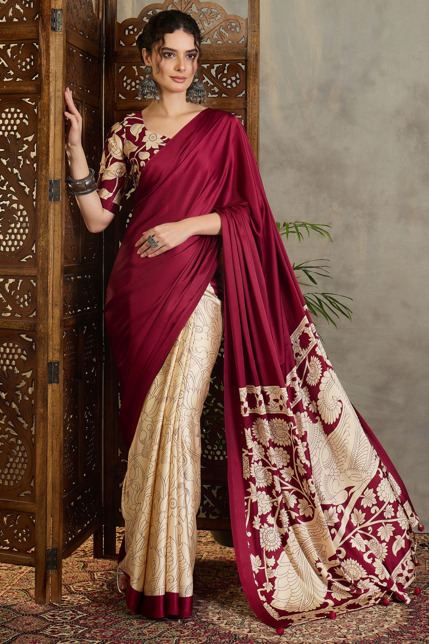 Buy MySilkLove Vintage Maroon Kalamkari Printed Satin Silk Saree Online