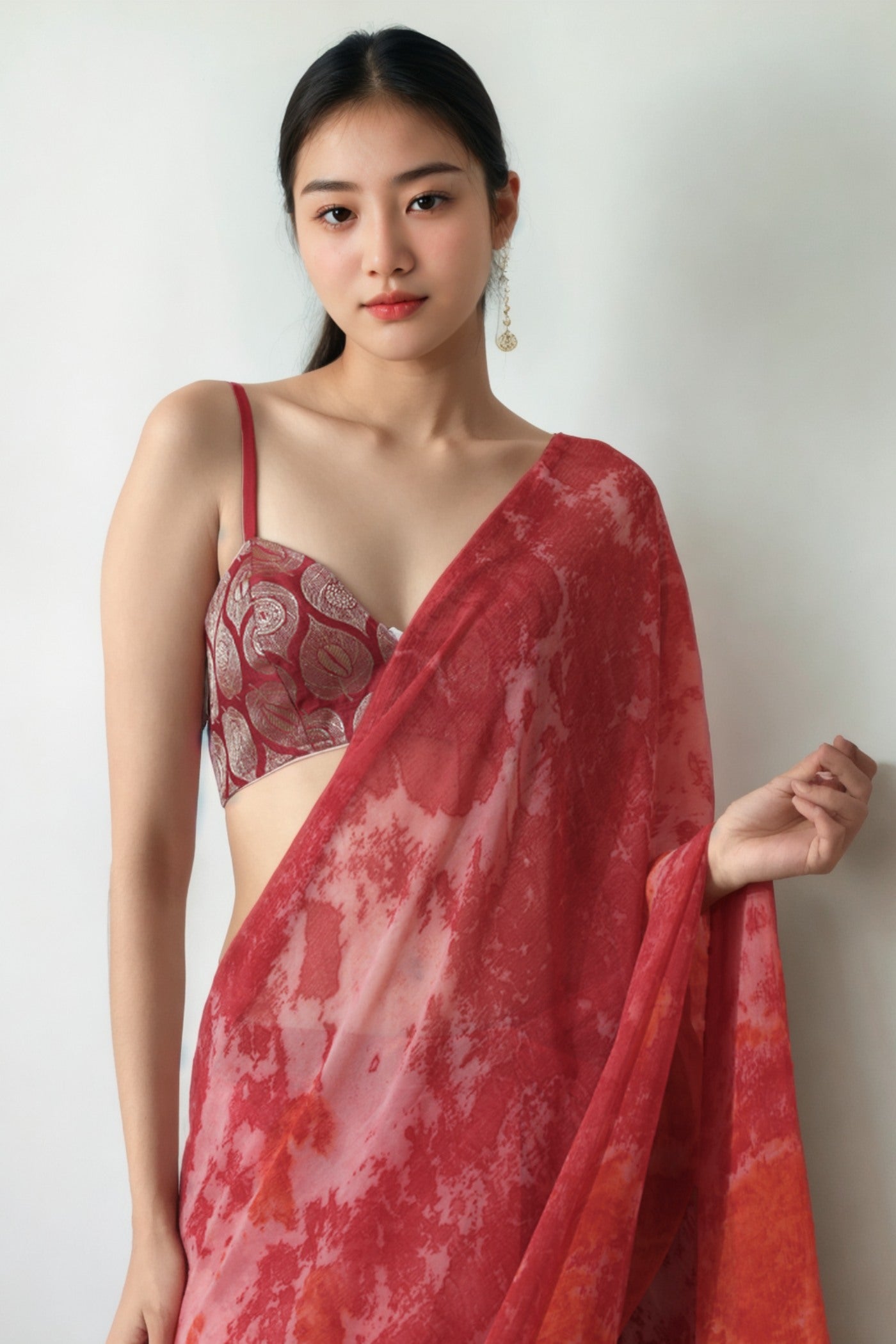 Buy MySilkLove Rose Red Marbel Chiffon Ready To Wear Saree Online