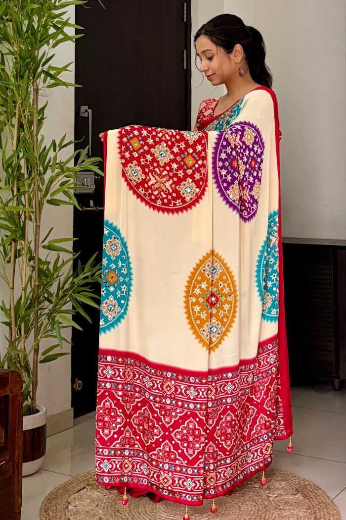 Buy MySilkLove Biscuit Cream and Red Modal Ajrakh Satin Printed Mirror Work Saree Online