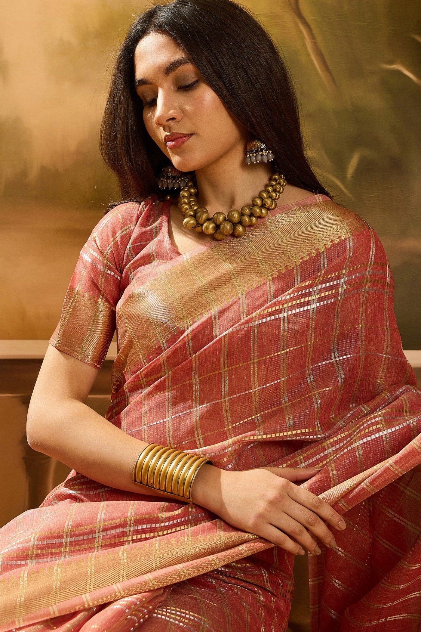 Buy MySilkLove Rust Peach Woven Organza Saree Online