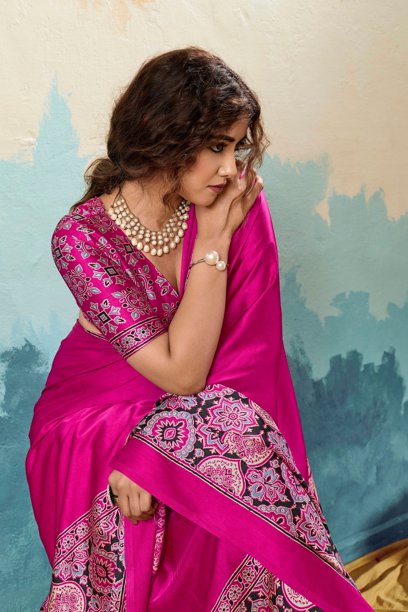 MySilkLove Bubblegum Pink Modal Ajrakh Satin Printed Silk Saree